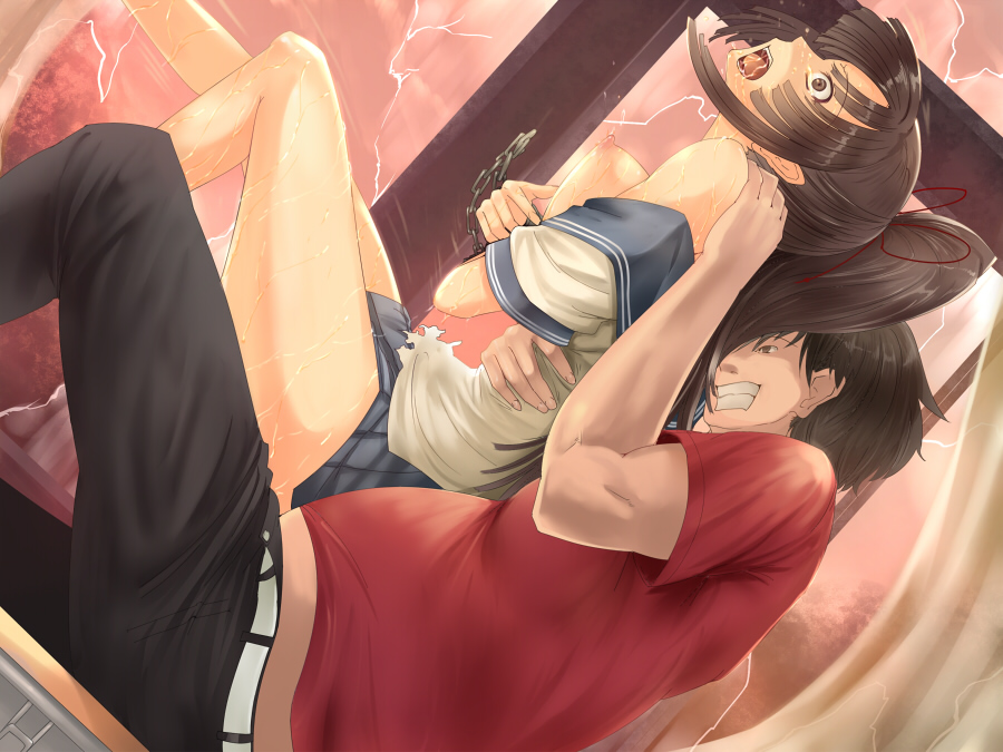 1boy, 1girls, bouncing breasts, bound wrists, breasts, breasts out, brown hair, female, handcuffs, llowoll, long hair, male, open mouth, rape, school uniform, screaming, serafuku, sex, shackles, sitting on lap, sitting on person, straight, torn clothes, wide eyed