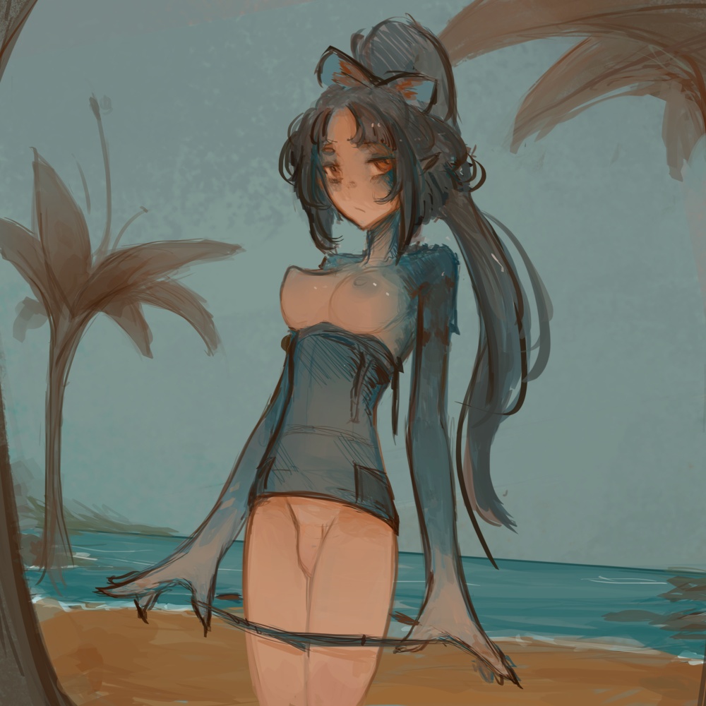 1:1 1futa accessory areola bangs beach black_hair blue_body bow breasts brown_eyes clothed clothing elf flaccid futa_only futanari genitals hair hair_accessory hair_ribbon hairbow humanoid humanoid_pointy_ears intersex light-skinned_futanari light_skin long_hair looking_at_viewer medium_breasts nipples not_furry pale_skin partially_clothed penis penis_tuck plant ponytail ribbons sand sea seaside solo standing swimsuit_down swimwear syvaron undressing water