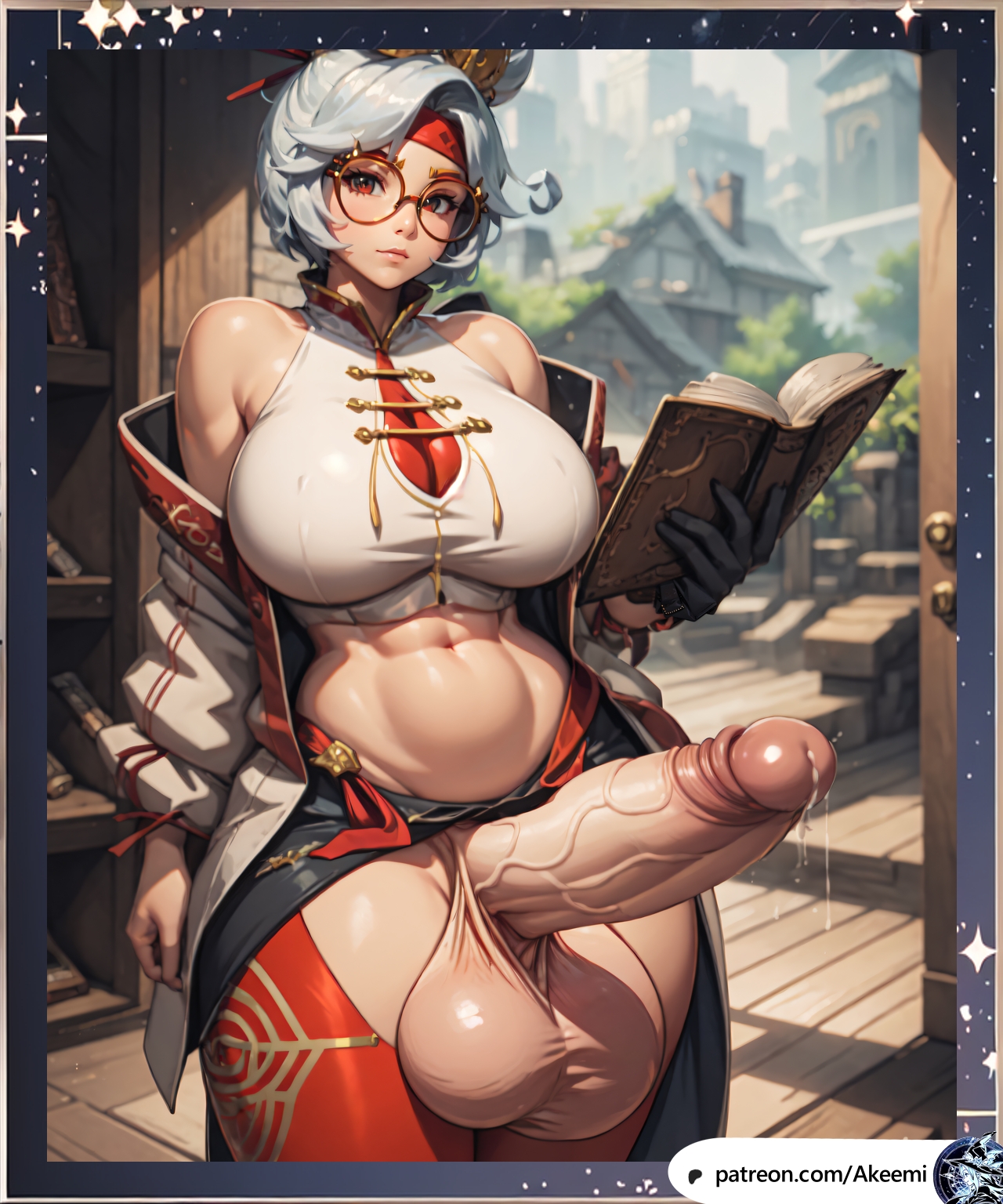 1futa, ai generated, akeemi, book, breasts, futa only, futanari, huge breasts, huge cock, intersex, outside border, penis, precum, purah, purah (tears of the kingdom), sunglasses, tears of the kingdom, the legend of zelda