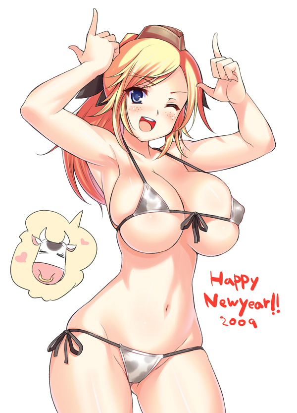 aida_takanobu armpits bikini blonde_hair blue_eyes blush bovine breasts cow_print freckles front-tie_top garrison_cap hat huge_breasts katharine_ohare large_breasts long_hair micro_bikini mizugi navel new_year open_mouth ponytail side-tie_bikini smile strike_witches string_bikini swimsuit tied_hair wink