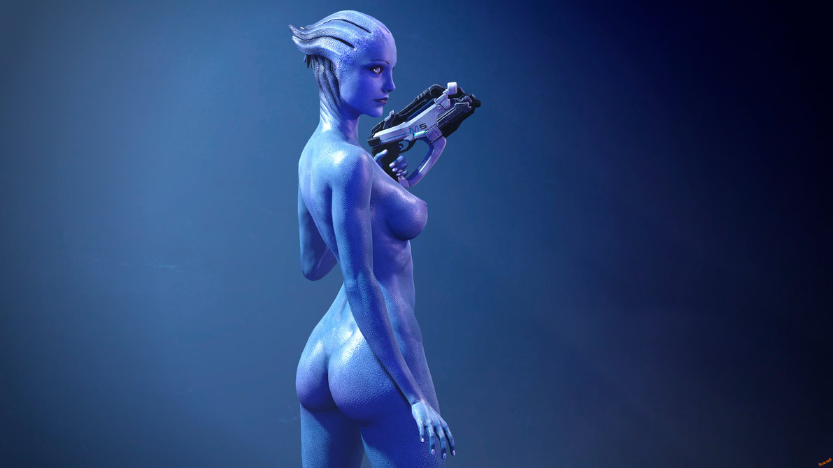 1girls, 3d, alien girl, asari, bioware, blue body, blue skin, fanart, female, female only, holding gun, holding object, holding weapon, liara t'soni, mass effect, nude, nude female, rescraft, solo, solo female, standing