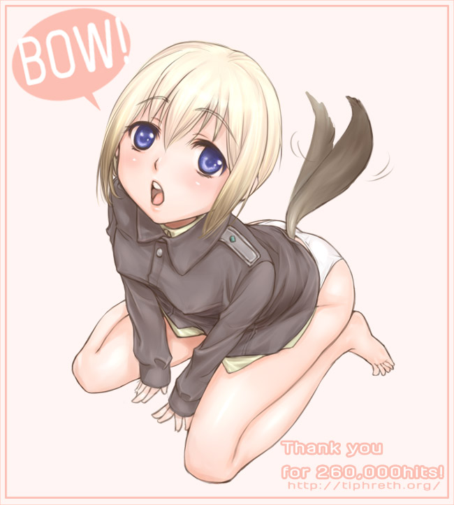 blonde_hair blue_eyes blush clothing erica_hartmann feet flat_chest kanda_aya panties short_hair sitting strike_witches tail tailwag underwear