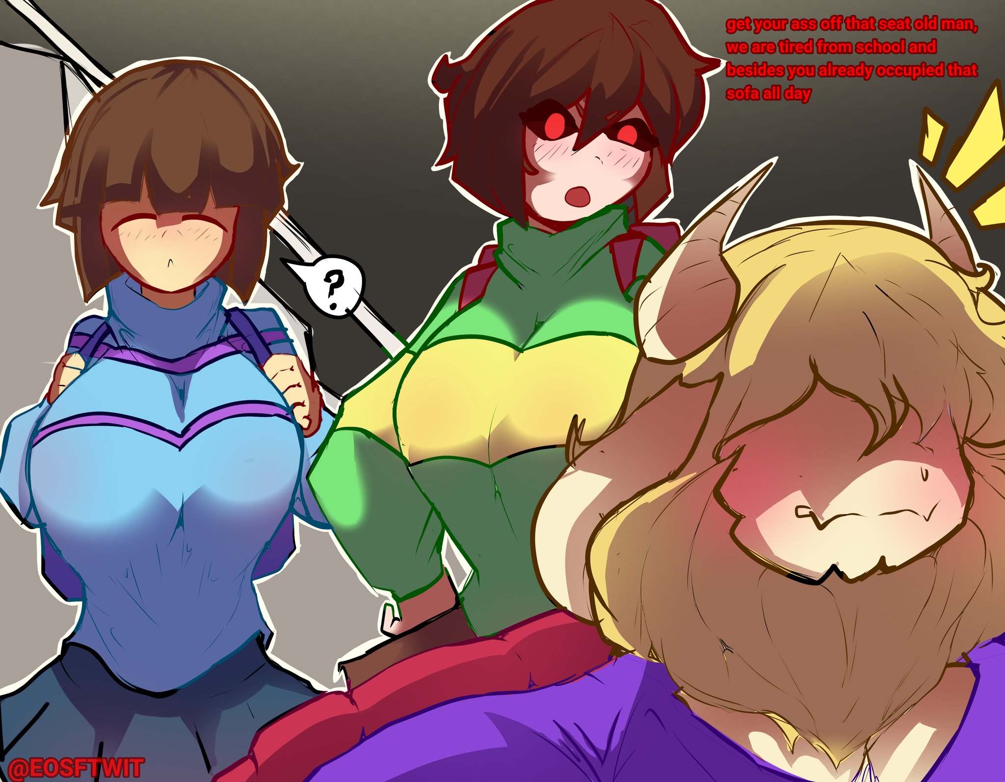 1boy, asgore dreemurr, brown hair, chara, eosftwit, female, female chara, female frisk, frisk, male, red eyes, tagme, undertale, undertale (series)