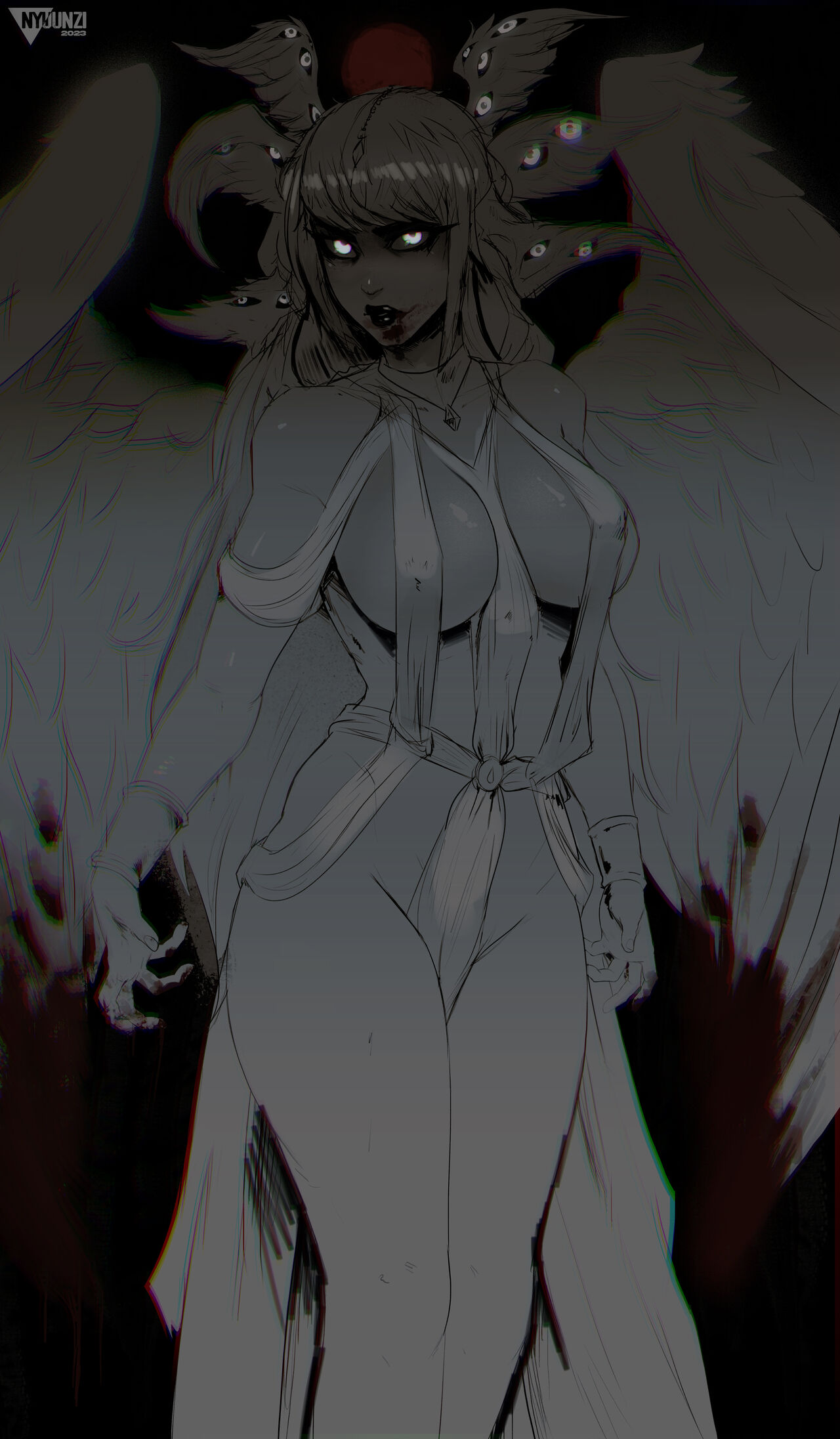 angel, angel wings, big breasts, black lipstick, breasts, female, nyuunzi, revealing clothes, tagme, thighs