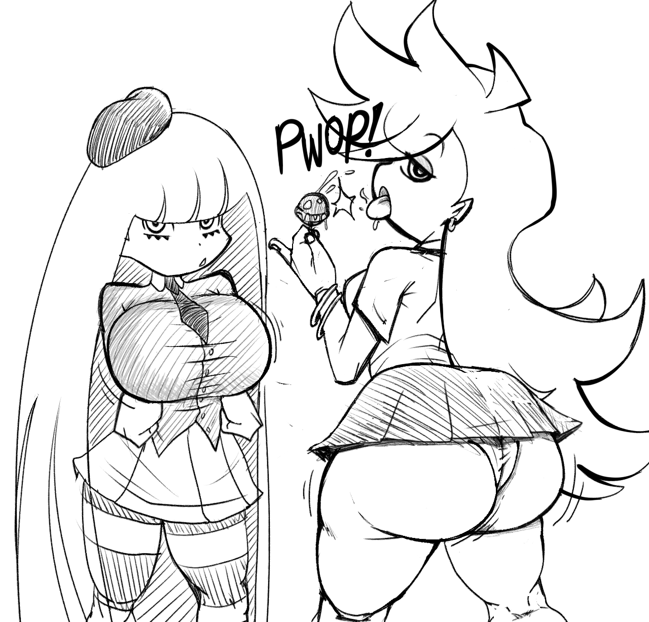 2d, 2d (artwork), 2girls, arms crossed, ass, back, back view, bare ass, bare thighs, big ass, big breasts, bracelet, bracelets, breasts, bubble butt, bursting breasts, buttons, crossed arms, earring, earrings, english, english text, eyelashes, eyeshadow, feet out of frame, female, female focus, female only, fingernails, front view, fully clothed, fully clothed female, half-closed eyes, hat, holding object, hourglass figure, huge breasts, jiggle, jiggling ass, large breasts, light skin, light-skinned female, lollipop, long hair, looking at viewer, looking back, miniskirt, monochrome, motion lines, mouth open, multiple females, multiple girls, no color, no visible genitalia, open mouth, panties, panty & stocking with garterbelt, panty anarchy, pseudocel, saliva, saliva drip, shaking, shaking ass, shaking butt, shirt, sideboob, simple background, sketch, skirt, small waist, sound effects, standing, stocking anarchy, stockings, t-shirt, thin waist, tie, tongue, tongue out, upskirt, very long hair, wet tongue, white background