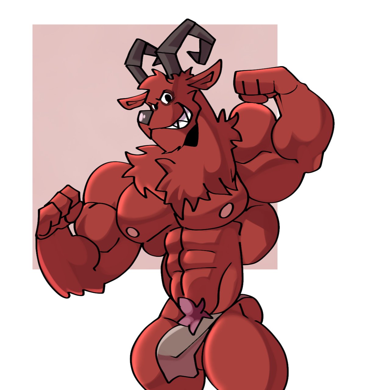 1boy anthro caprine caprine_demon chest_tuft don't_starve flexing goat grin horn klei_entertainment looking_at_viewer muscular muscular_male neck_fluff pubic_hair ren_zloy_on_kus simple_background solo solo_male standing tagme wortox