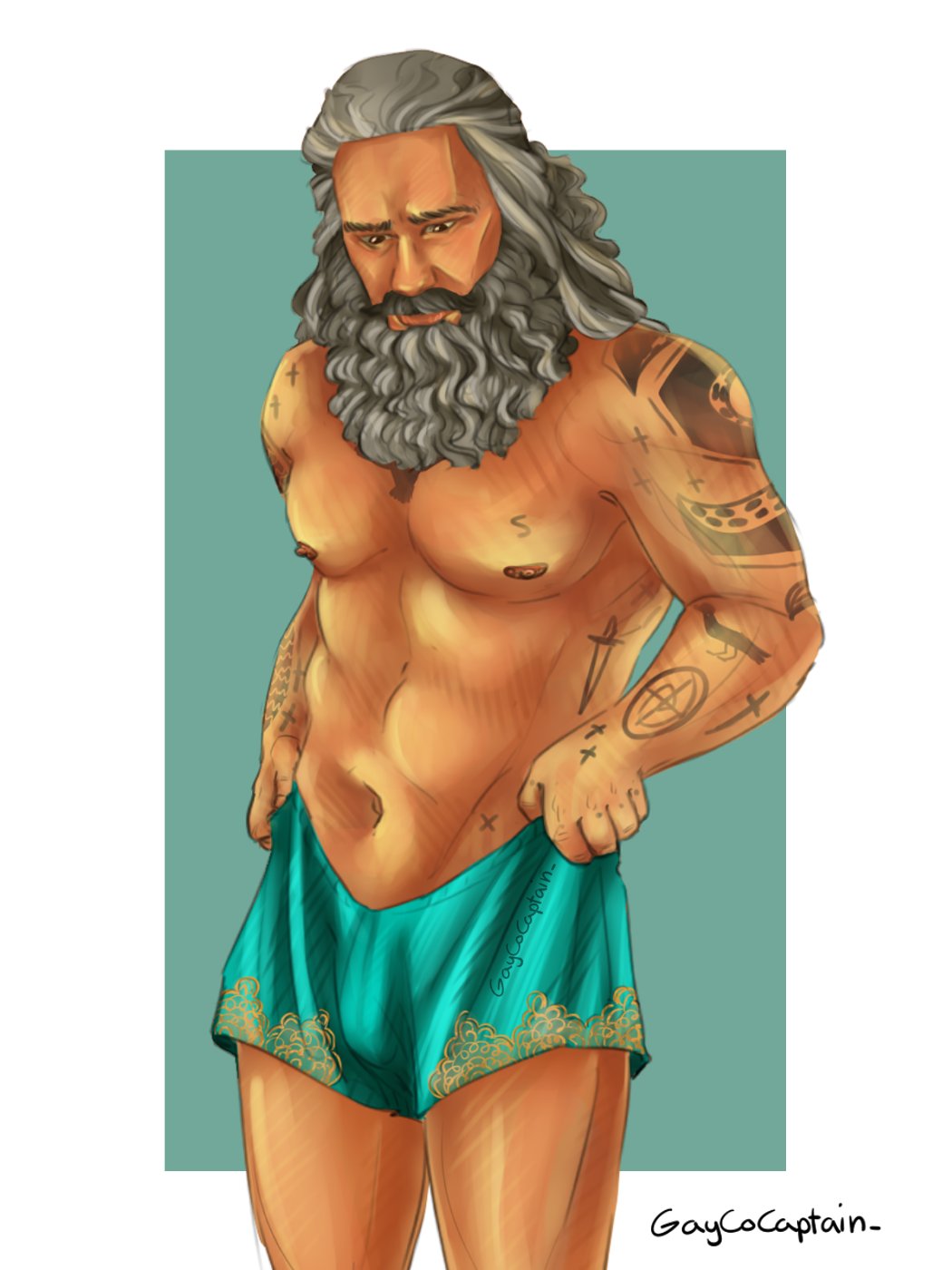 bara bara_tits beard big_pecs blackbeard bulge edward_teach fancy_clothing gaycocaptain long_hair our_flag_means_death pulling_up_pants salt_and_pepper_hair shorts tattoos