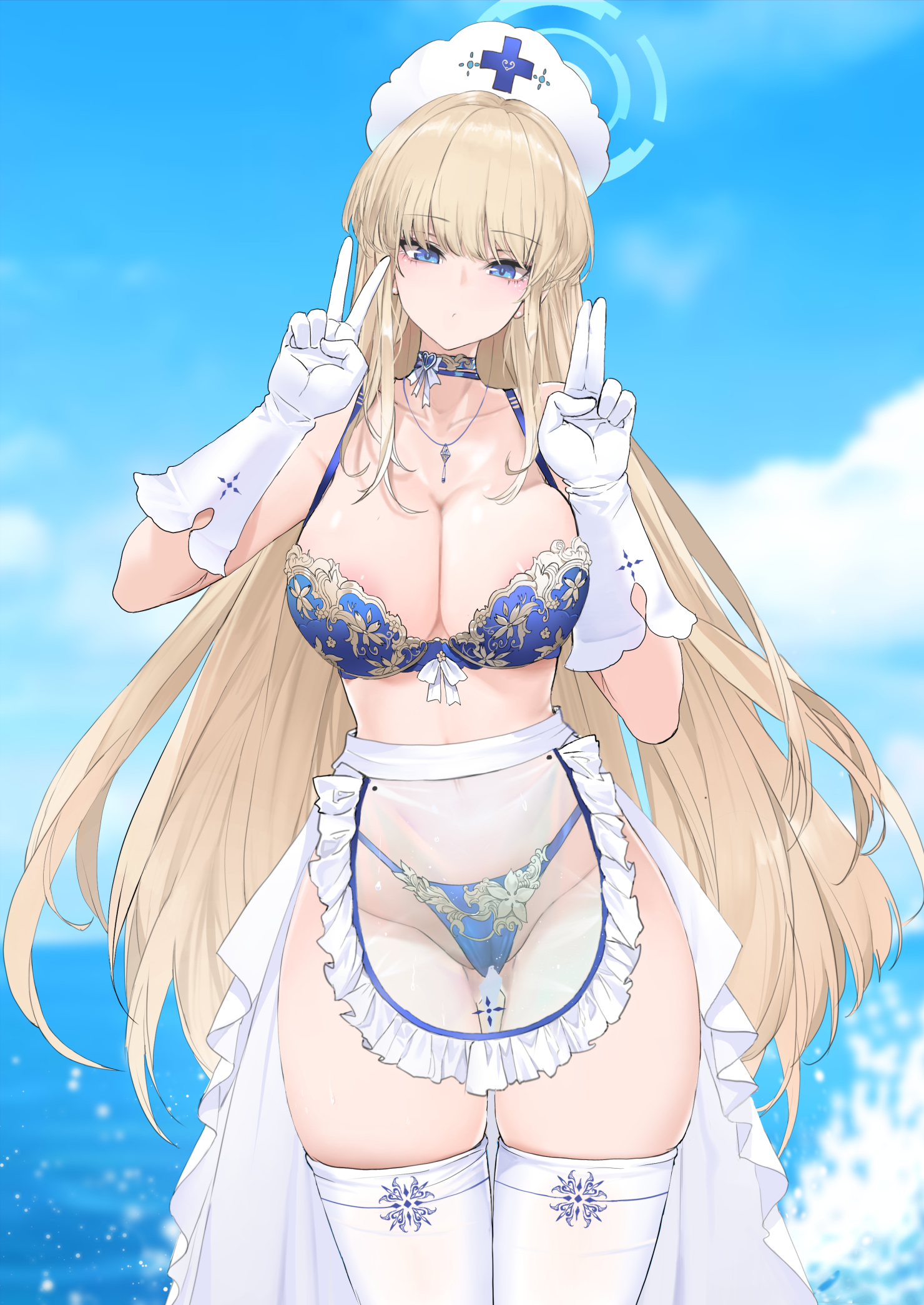 1girls, beach, blonde hair, blue archive, blue eyes, bra, breasts, censored, cleaning & clearing (blue archive), cleavage, dishwasher1910, female, gloves, hi res, huge breasts, large breasts, light skin, light-skinned female, long hair, looking at viewer, millennium science school student, nurse, nurse cap, outdoors, panties, peace sign, pointless censoring, solo, thick thighs, thighs, toki (blue archive), white gloves