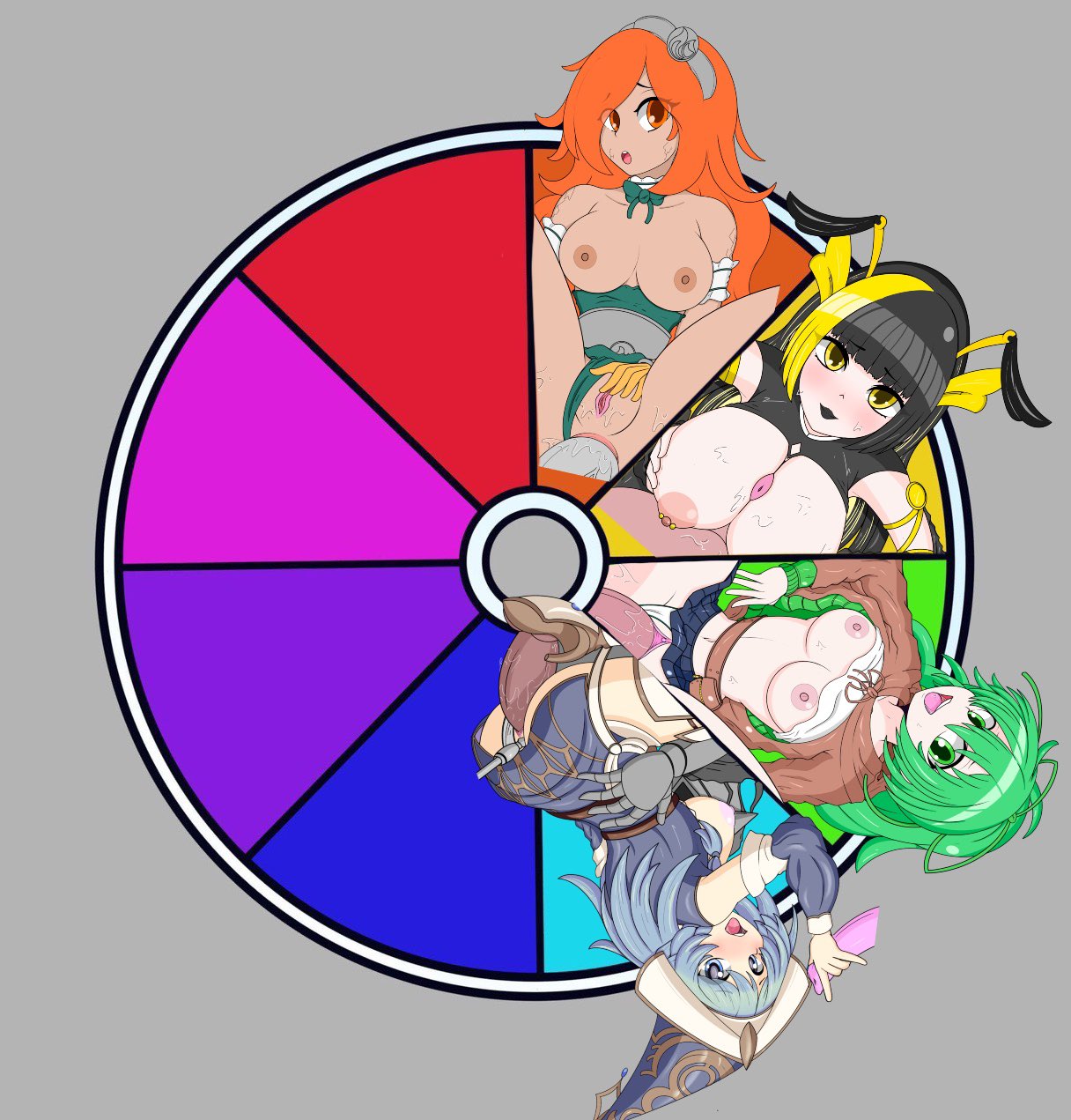 4girls color_wheel_challenge duel_monster elf fire_humanoid kunoichi laval_volcano_handmaiden mitsu_the_insect_ninja multiple_girls napalm115 ninja rock_humanoid water_enchantress_of_the_temple wynn_the_wind_charmer yu-gi-oh!