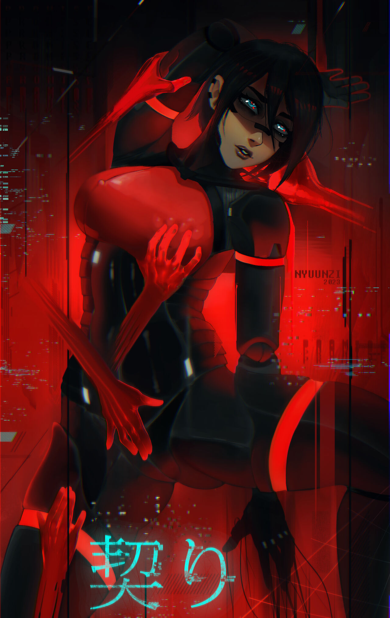 1girls android black_hair disembodied_hand elster_(signalis) groping latex latex_suit nipples_visible_through_clothing nyuunzi robot_girl signalis source_request tagme