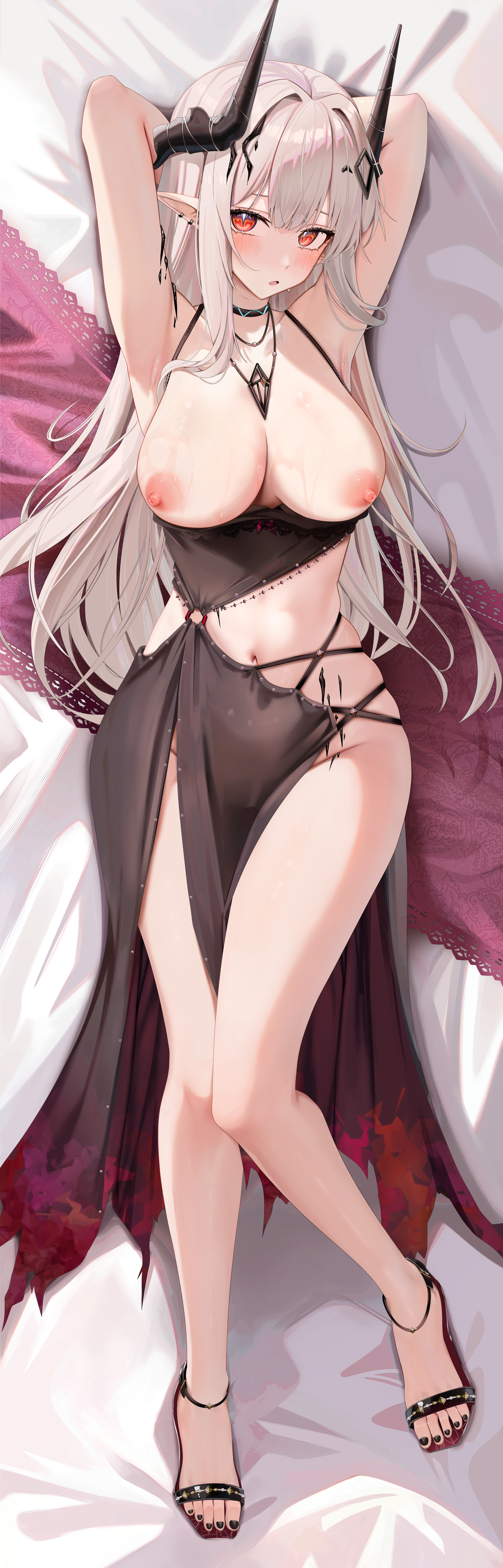 :o, 1girls, areolae, arknights, armpits, big breasts, black dress, blush, breasts, breasts out, choker, dress, ear piercing, earrings, embarrassed, exposed breasts, feet, female, female only, hairclip, hands behind head, highres, horns, knees together feet apart, legs, light skin, light-skinned female, long hair, looking at viewer, lying, lying on back, mudrock (arknights), navel, necklace, nipples, no bra, on back, oripathy lesion (arknights), pointy ears, red eyes, ru zhai, sandals, solo, surprised, sweatdrop, thighs, toenail polish, waist, wet skin, white hair, wide hips