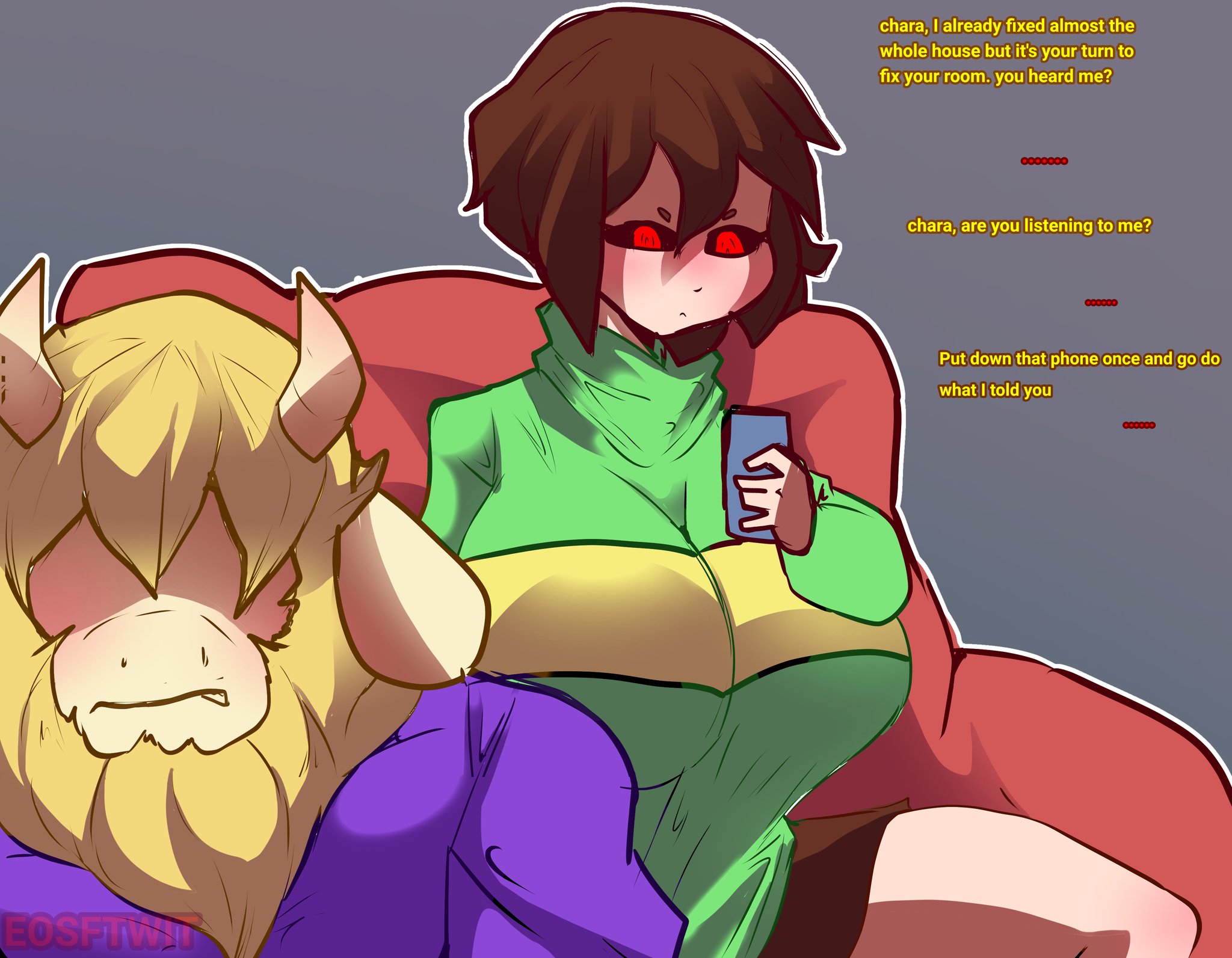 1boy, 1girls, asgore dreemurr, blonde beard, blonde hair, brown hair, chara, eosftwit, female, female chara, goat, male, red eyes, tagme, undertale, undertale (series)