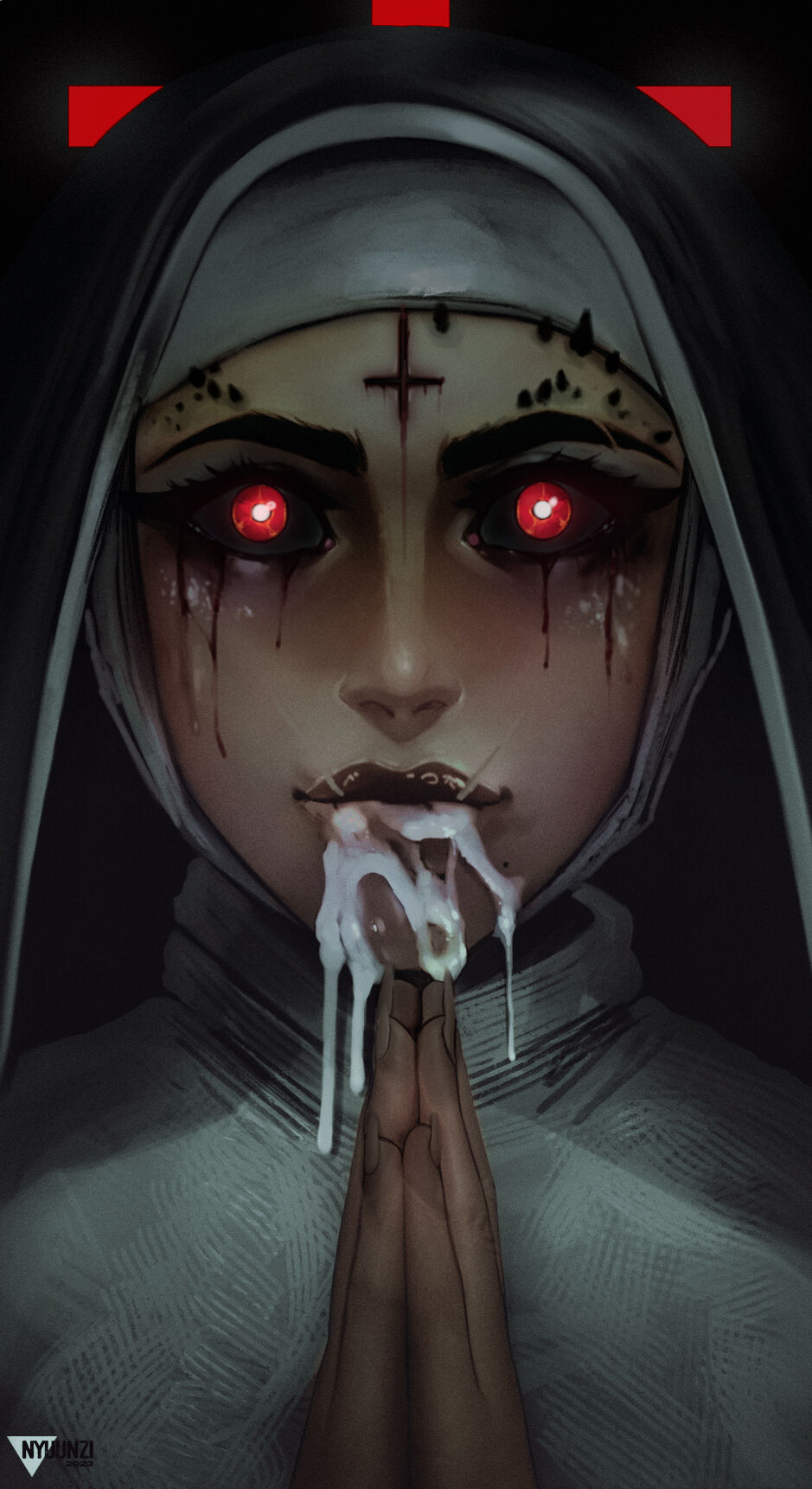 bloody_eyes church_interior corruption cum cum_on_face cut dark_hair demonic demonic_eyes nun nyuunzi red_eyes runny_makeup satanic tagme white_pupils