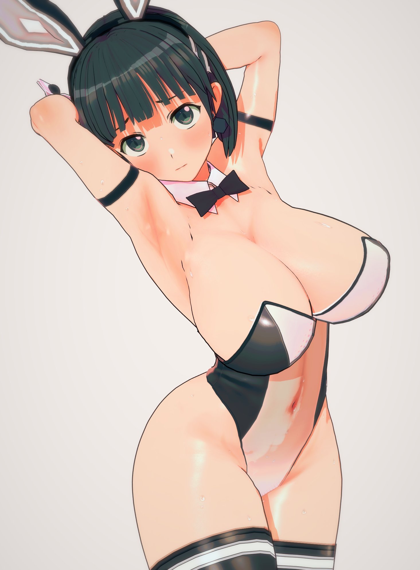 1145ryou cm3d2, 1girls, 3d, armpits, arms behind head, black hair, breasts, bunnysuit, busty, child bearing hips, cleavage, female, female only, fit, fit female, green eyes, hi res, hourglass figure, huge breasts, kirigaya suguha, large breasts, legs, leotard, light skin, light-skinned female, looking at viewer, pose, posing, sexy armpits, short hair, slim waist, smile, solo, sword art online, teenage female, teenager, thick thighs, thighs, voluptuous, wide hips