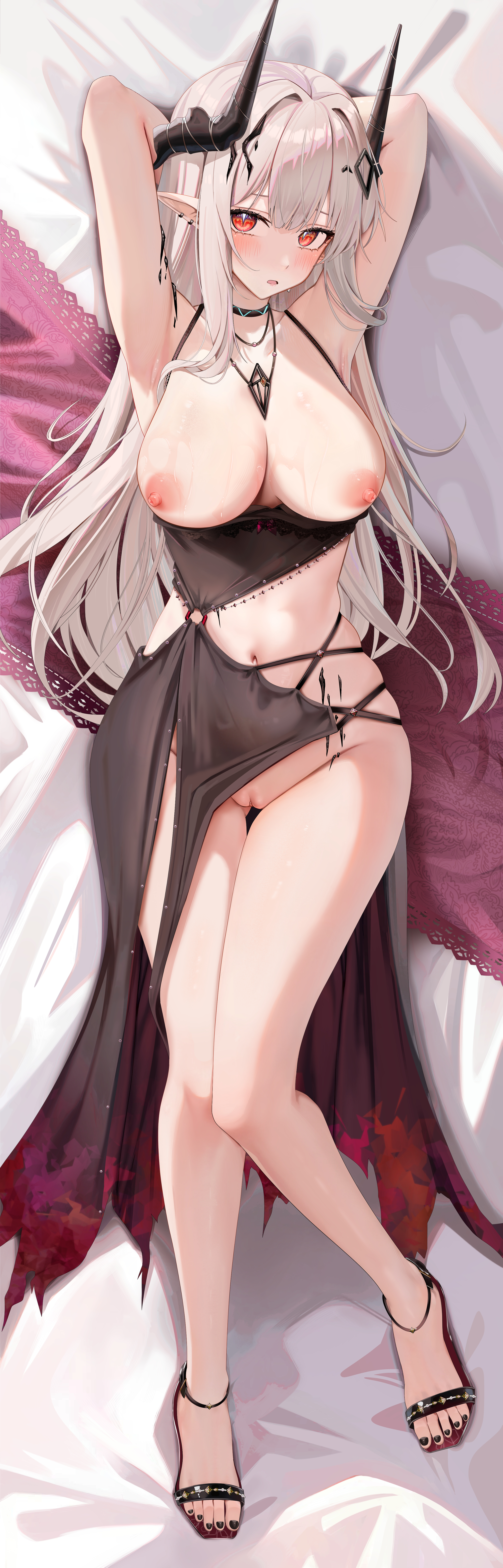 :o, 1girls, areolae, arknights, armpits, ass visible through thighs, big breasts, black dress, blush, breasts, breasts out, choker, dress, ear piercing, earrings, embarrassed, exposed breasts, exposed pussy, feet, female, female only, hairclip, hands behind head, highres, horns, knees together feet apart, legs, light skin, light-skinned female, long hair, looking at viewer, lying, lying on back, mudrock (arknights), navel, necklace, nipples, no bra, no panties, on back, oripathy lesion (arknights), pointy ears, pussy, red eyes, ru zhai, sandals, solo, surprised, sweatdrop, thighs, toenail polish, vagina, waist, wet skin, white hair, wide hips