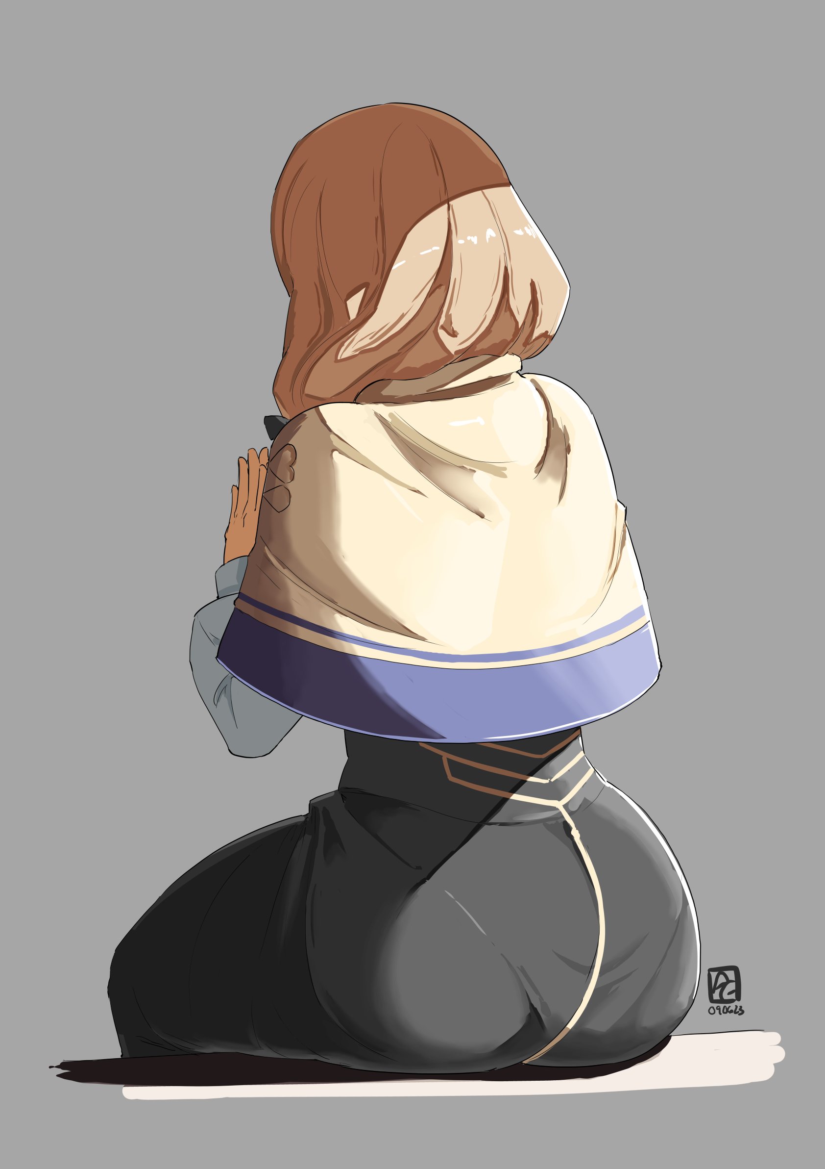 1girls, ass, ass focus, automatic giraffe, back view, blonde hair, capelet, commentary, english commentary, female, female only, fire emblem, fire emblem: three houses, from behind, garreg mach monastery uniform, grey background, hair over shoulder, highres, large ass, long sleeves, medium hair, mercedes von martritz, nintendo, panties, pantylines, shadow, side ponytail, simple background, sitting, solo, underwear, watermark