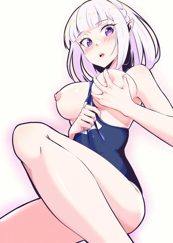 1girls blush breast_grab breasts elf elf_ears elf_female elf_girl emilia_(re:zero) exposed_breasts grabbing_own_breast groping_breast half-dressed nipples re:zero_kara_hajimeru_isekai_seikatsu saito short_hair silver_hair solo solo_female solo_focus swimsuit swimsuit_aside swimwear thick_thighs white_background