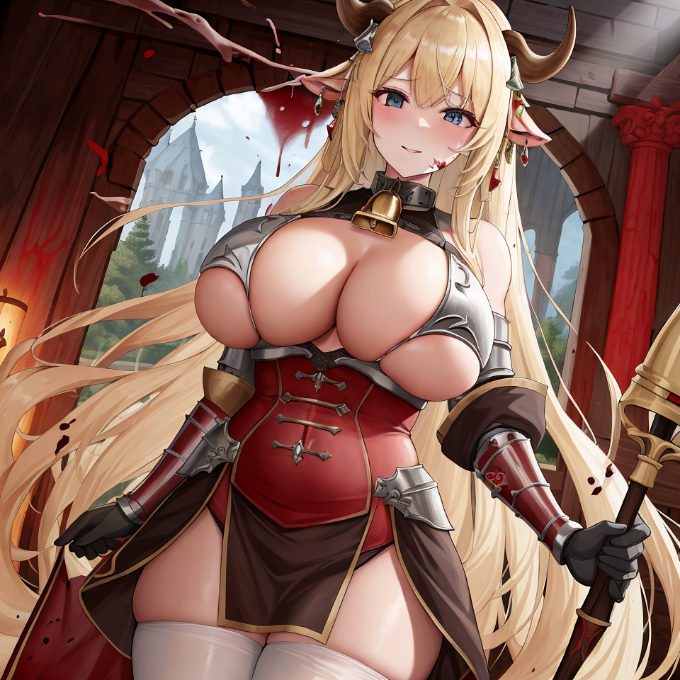 ai_generated armor bell_collar big_breasts bimbo blonde_hair blood blood_splatter blood_stain breasts_bigger_than_head chaos_(warhammer) cow_ears cow_horns cowbell cult cultist horn horns hucow khorne large_breasts red_clothes red_clothing unstable_diffusion warhammer_(franchise) warhammer_fantasy weapon