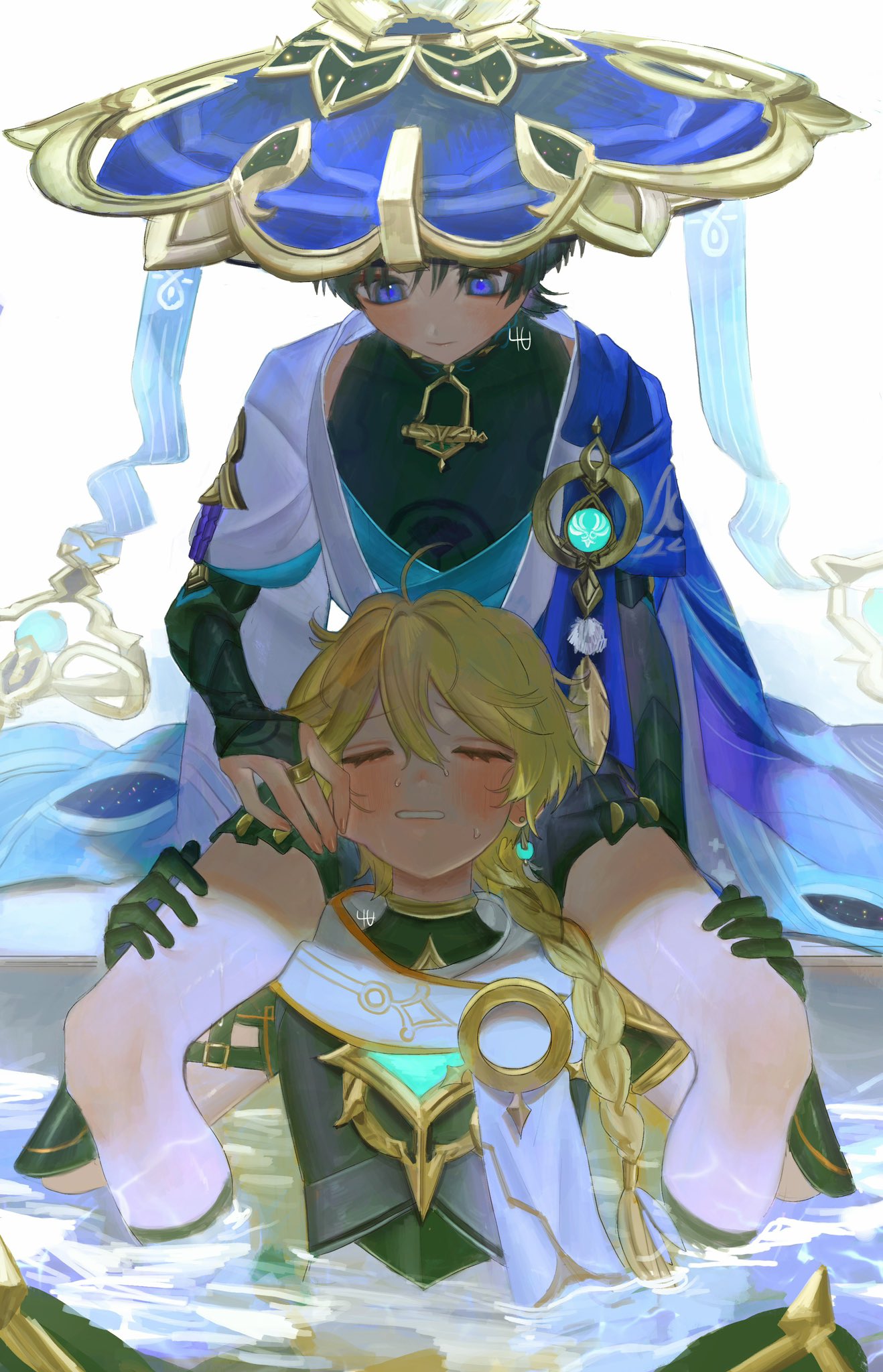2boys, aether (genshin impact), blonde hair, blue eyes, blue hair, blush, braided ponytail, carrying, closed eyes, clothing, gay, genshin impact, hat, male, male only, scaramouche (genshin impact), shorts, spread legs, twink, yaoi