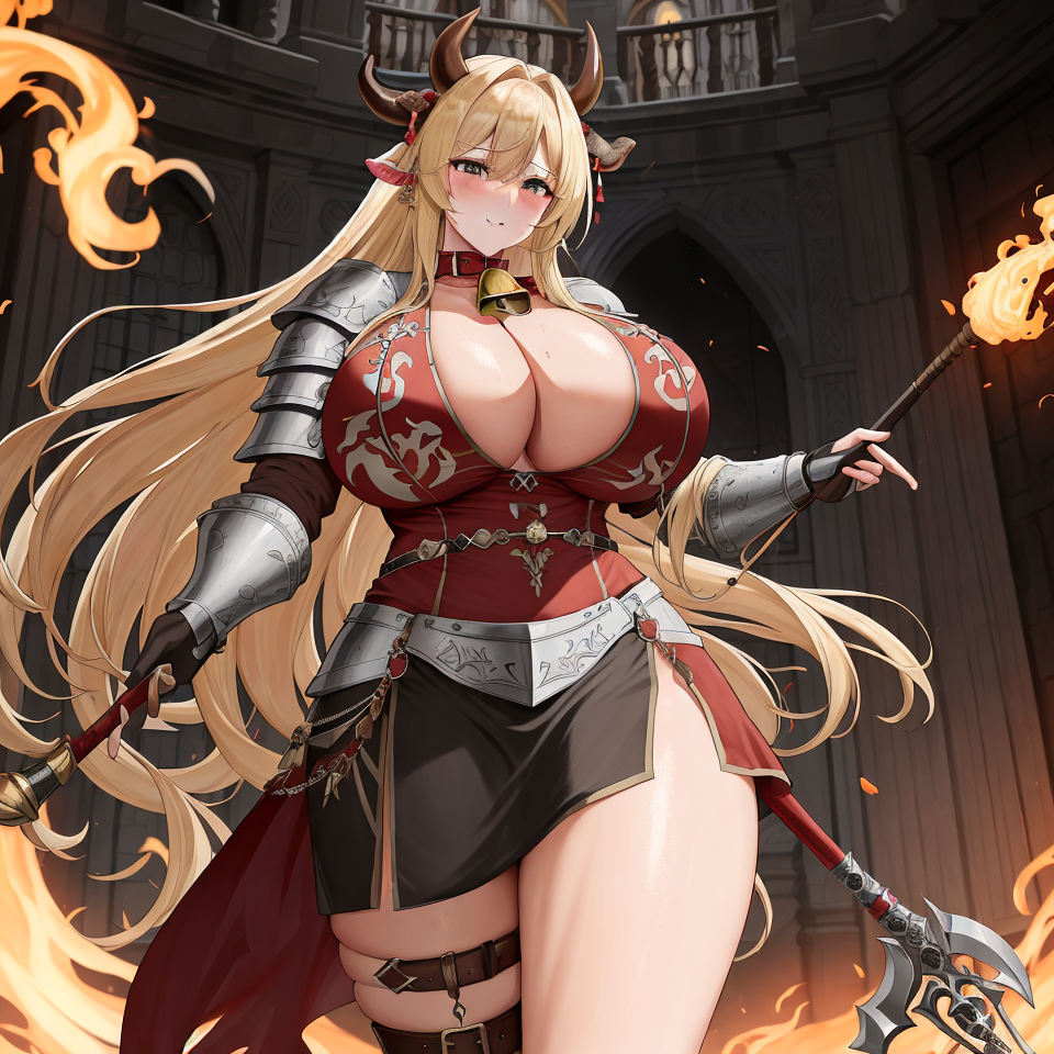 1girls ai_generated armor bell_collar big_breasts bimbo blonde_hair breasts_bigger_than_head chaos_(warhammer) cow_ears cow_horns cowbell cult cultist female female_only horn horns hucow khorne large_breasts red_clothes red_clothing solo solo_female unstable_diffusion warhammer_(franchise) warhammer_fantasy weapon