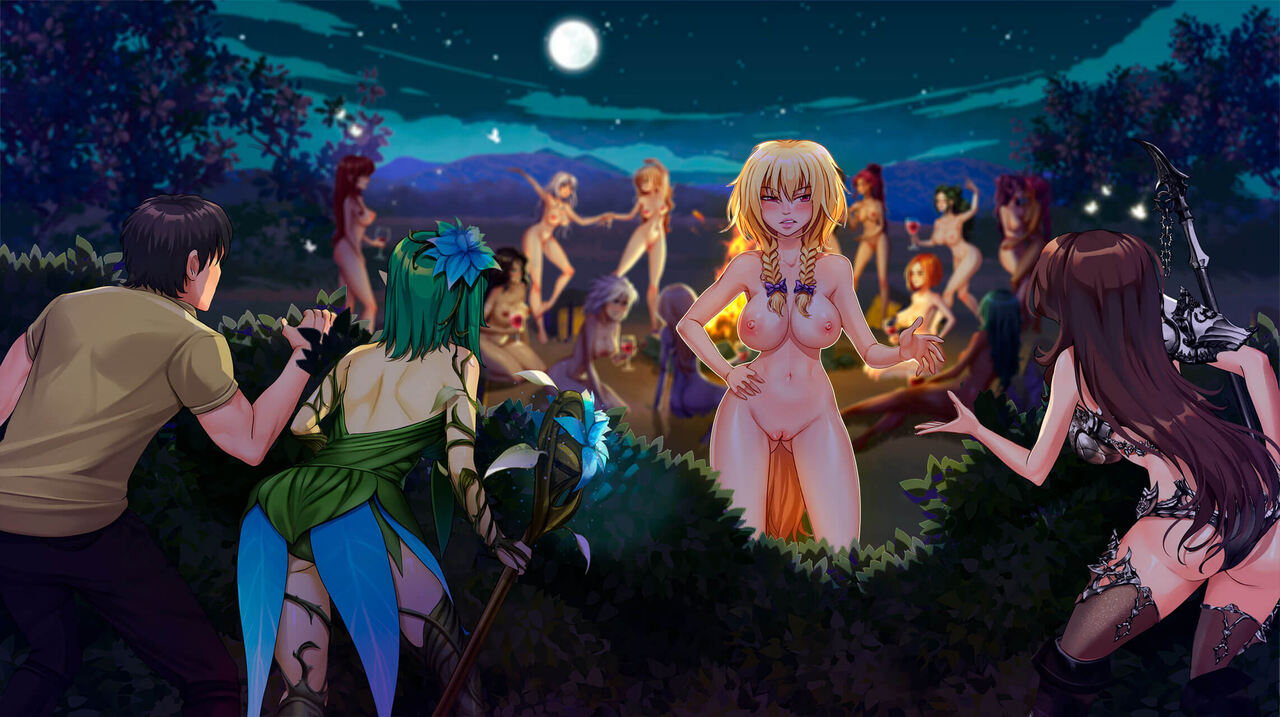 1boy 6+girls anari_(booty_heroes) ass barefoot bikini_armor bonfire boots booty_heroes breasts campfire caught chandra_(booty_heroes) chihe_(booty_heroes) clara_(booty_heroes) clothed_female_nude_female clothed_male_nude_female completely_nude completely_nude_female game_cg grass_clothing grass_panties hooligapps leila_(booty_heroes) lilith_(booty_heroes) long_hair magic_staff medium_hair mio_(booty_heroes) navel niksa_(booty_heroes) nipples nude nude_female orly_(booty_heroes) panties pants protagonist_(booty_heroes) pussy ranji ranji_(booty_heroes) scythe sharifa sharifa_(booty_heroes) shirt short_hair short_sleeves thea_(booty_heroes) thighhighs twintails weapon wine wine_glass