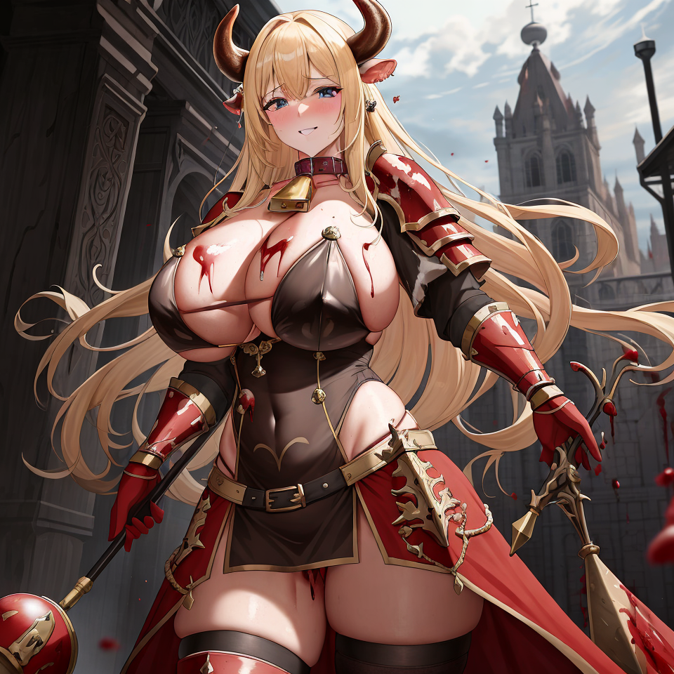 ai_generated armor bell_collar big_breasts bimbo blonde_hair blood blood_splatter blood_stain breasts_bigger_than_head chaos_(warhammer) cow_ears cow_horns cowbell cult cultist horn horns hucow khorne large_breasts red_clothes red_clothing unstable_diffusion warhammer_(franchise) warhammer_fantasy weapon