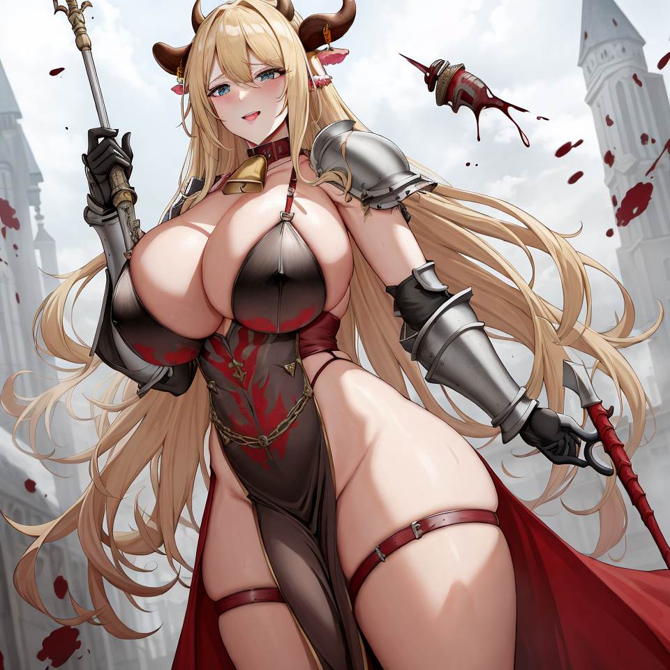 ai_generated armor bell_collar big_breasts bimbo blonde_hair blood blood_splatter blood_stain breasts_bigger_than_head chaos_(warhammer) cow_ears cow_horns cowbell cult cultist horn horns hucow khorne khornette large_breasts red_clothes red_clothing unstable_diffusion warhammer_(franchise) warhammer_fantasy weapon