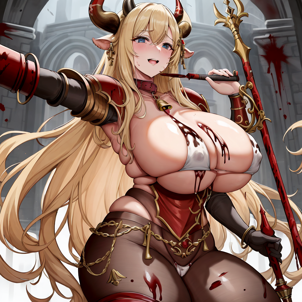 ai_generated armor bell_collar big_breasts bimbo blonde_hair blood blood_splatter blood_stain breasts_bigger_than_head chaos_(warhammer) cow_ears cow_horns cowbell cult cultist horn horns hucow khorne large_breasts red_clothes red_clothing unstable_diffusion warhammer_(franchise) warhammer_fantasy weapon