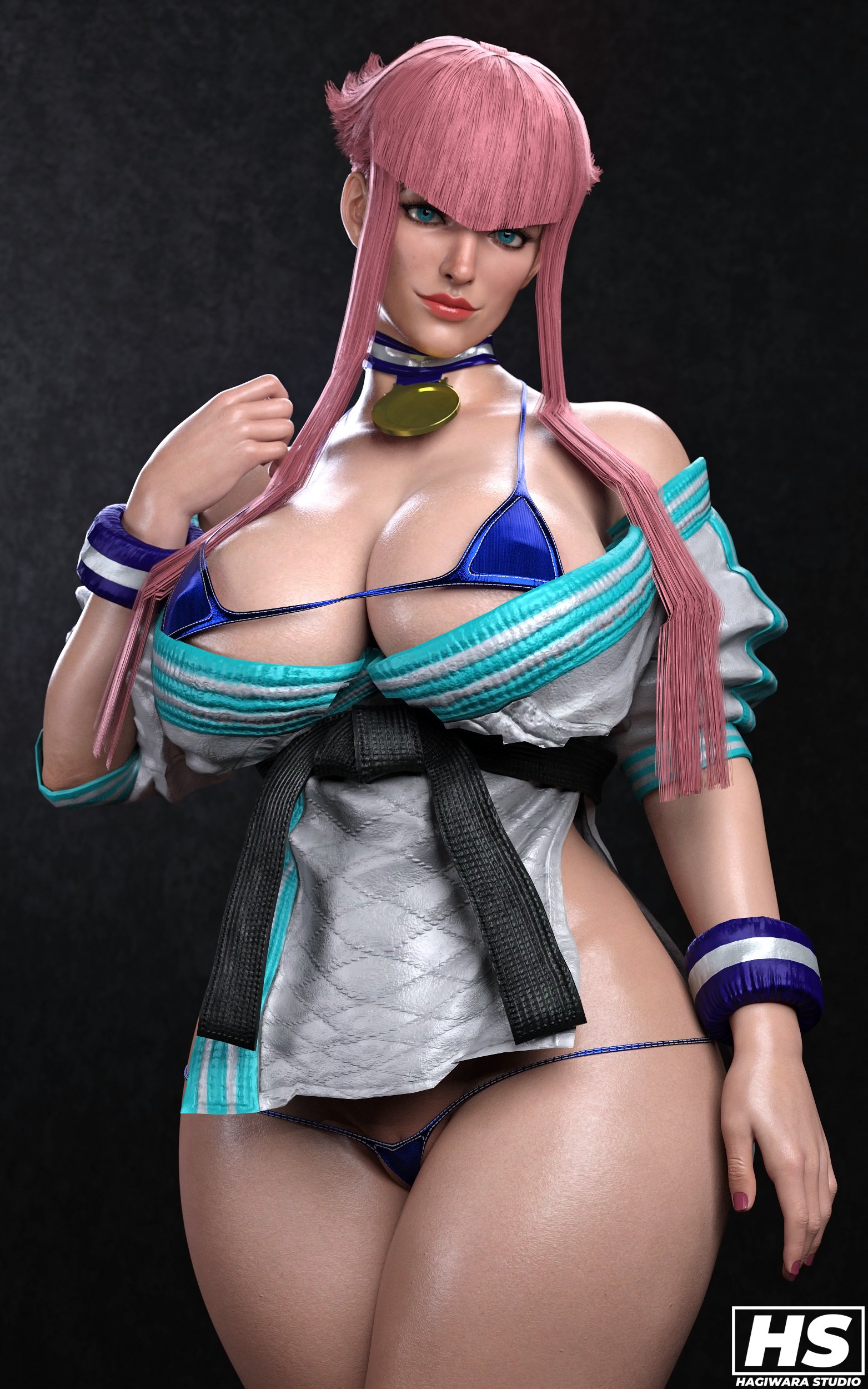 1girls, 3d, ass, big ass, big breasts, bikini, blue eyes, breasts, capcom, female, female only, french, french female, hagiwara studio, highres, looking at viewer, manon legrand, obi, pink hair, short hair with long locks, sidelocks, solo, street fighter, street fighter 6, thick thighs, wristband