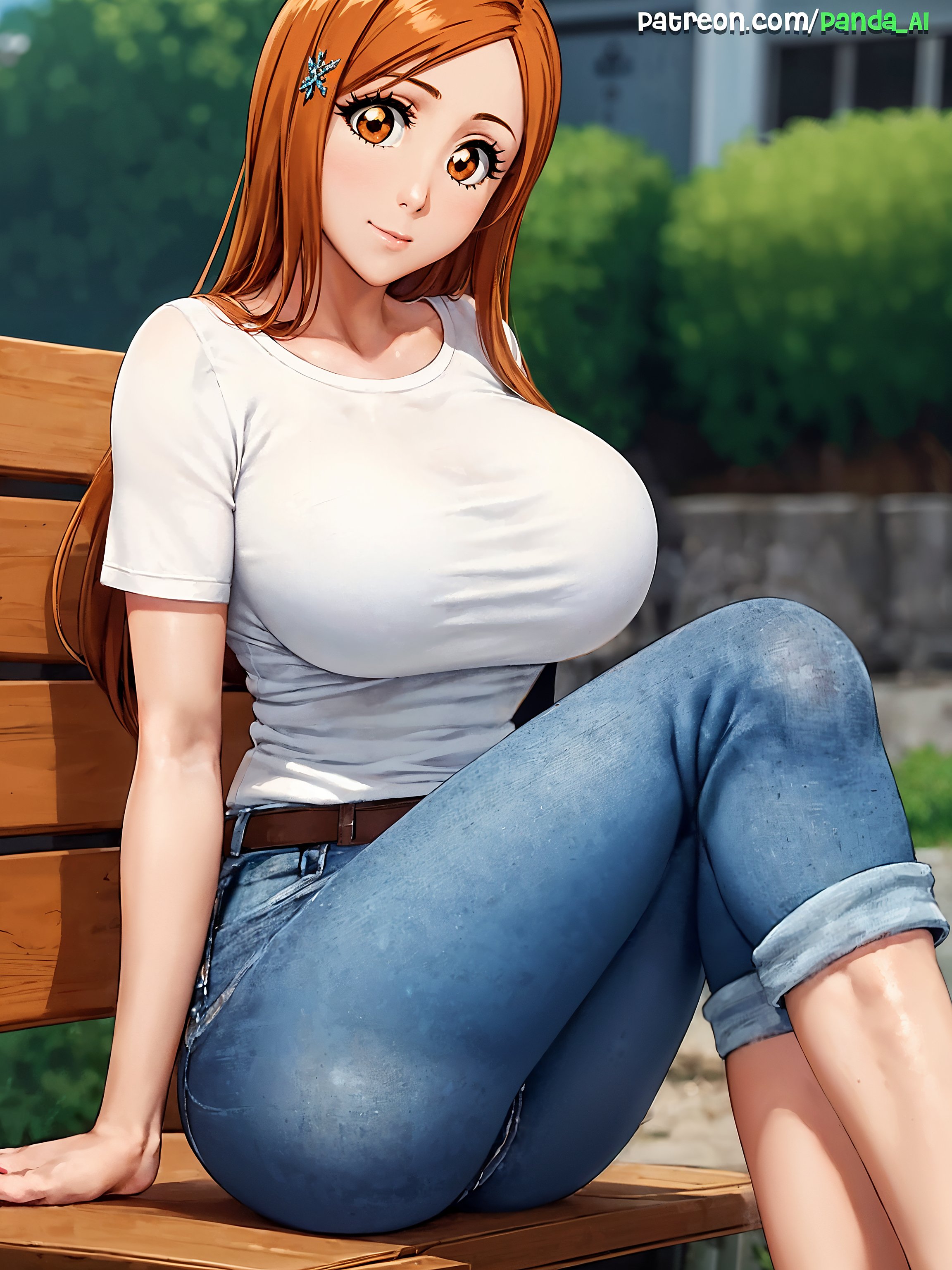 1girls, ai generated, bleach, breasts, clothed, female, hi res, huge breasts, inoue orihime, light skin, light-skinned female, long hair, mommy, naughty face, orange hair, outdoors, panda ai, stable diffusion, thick thighs, thighs, wide hips