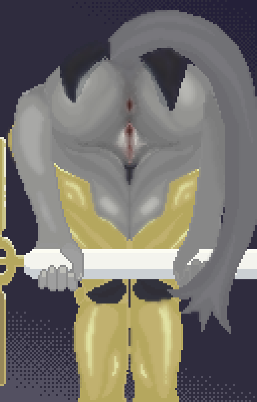 anus armor ass bent_over digital_media_(artwork) female fur genitals gold_(metal) gold_armor grey_body grey_fur hi_res pixel_(artwork) praise_da_booty_(meme) pseudoregalia pussy solo spread_butt spread_pussy spreading sybil_(pseudoregalia) tail u4e weapon