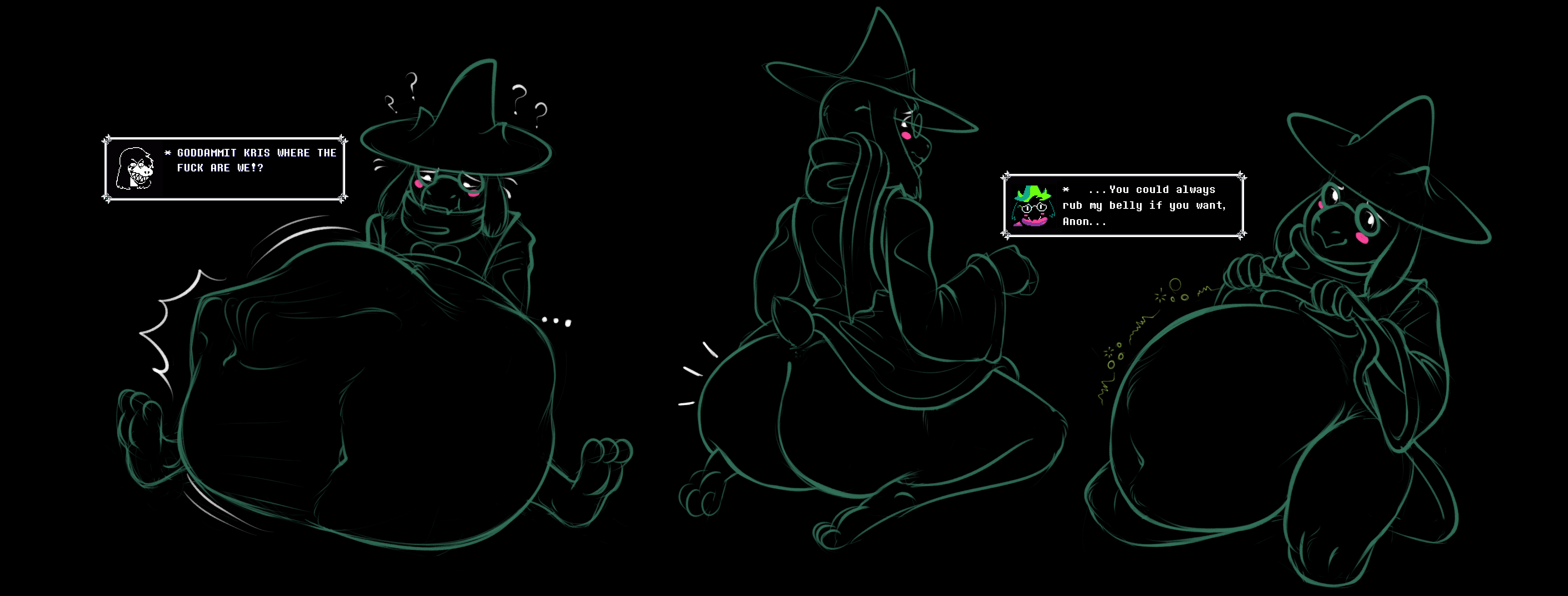1boy, 2d, anon, anthro, anthro male, anthro only, ass, belly, big ass, big belly, big butt, caprine, chubby, deltarune, digestion, fat, female, furry, furry male, furry only, humanoid, humanoid male, humanoid only, joenobody, joenobody (artist), kris (deltarune), male, male only, male pred, mammal, mammal humanoid, ralsei, solo, struggling prey, susie (deltarune), undertale (series), vore, vore belly