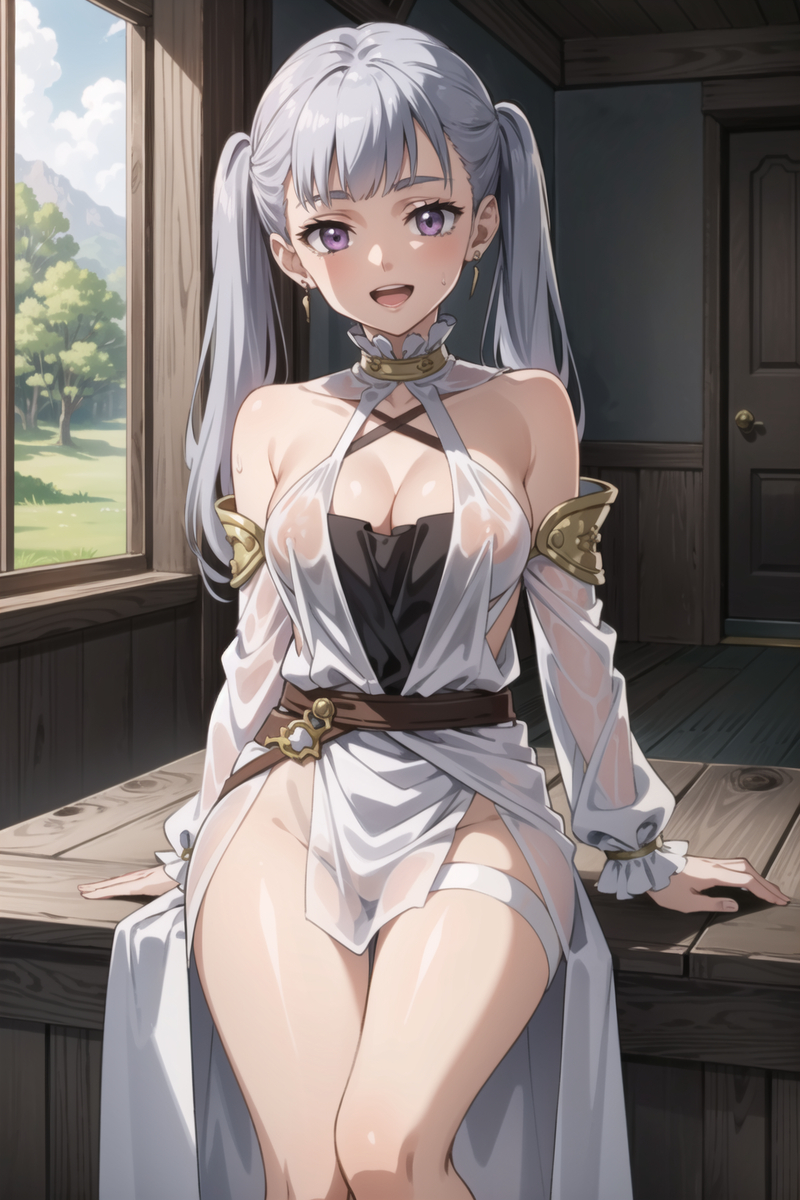 1girls, ai generated, black clover, breasts, female, female only, no panties, noelle silva, silver hair, solo, twintails, violet eyes, wet