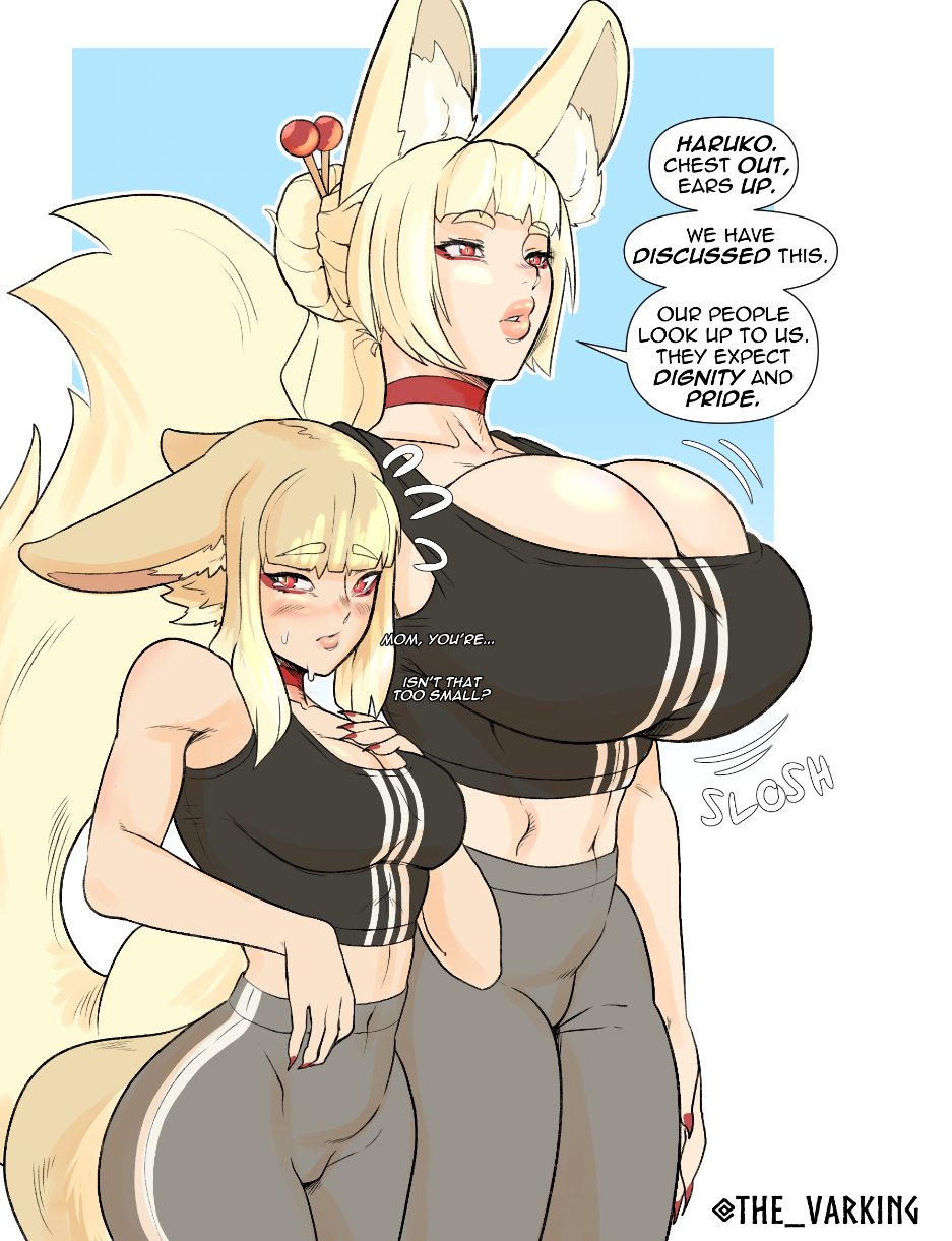 2girls atsuko_ceris big_breasts breast_comparison breast_envy breasts breasts_bulge daughter embarassed english_text fox fox_ears fox_girl fox_tail haruko_ceris huge_breasts kitsune medium_support_(meme) meme meme_attire mother mother_and_daughter oc shy sports_bra straining_clothing text the_varking yoga_pants