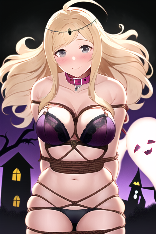 ai_generated blonde_hair bondage breasts circlet collar collar_tag femsub fire_emblem fire_emblem_fates ghost halloween lingerie night ophelia_(fire_emblem) rope story_at_source tied_up tiques