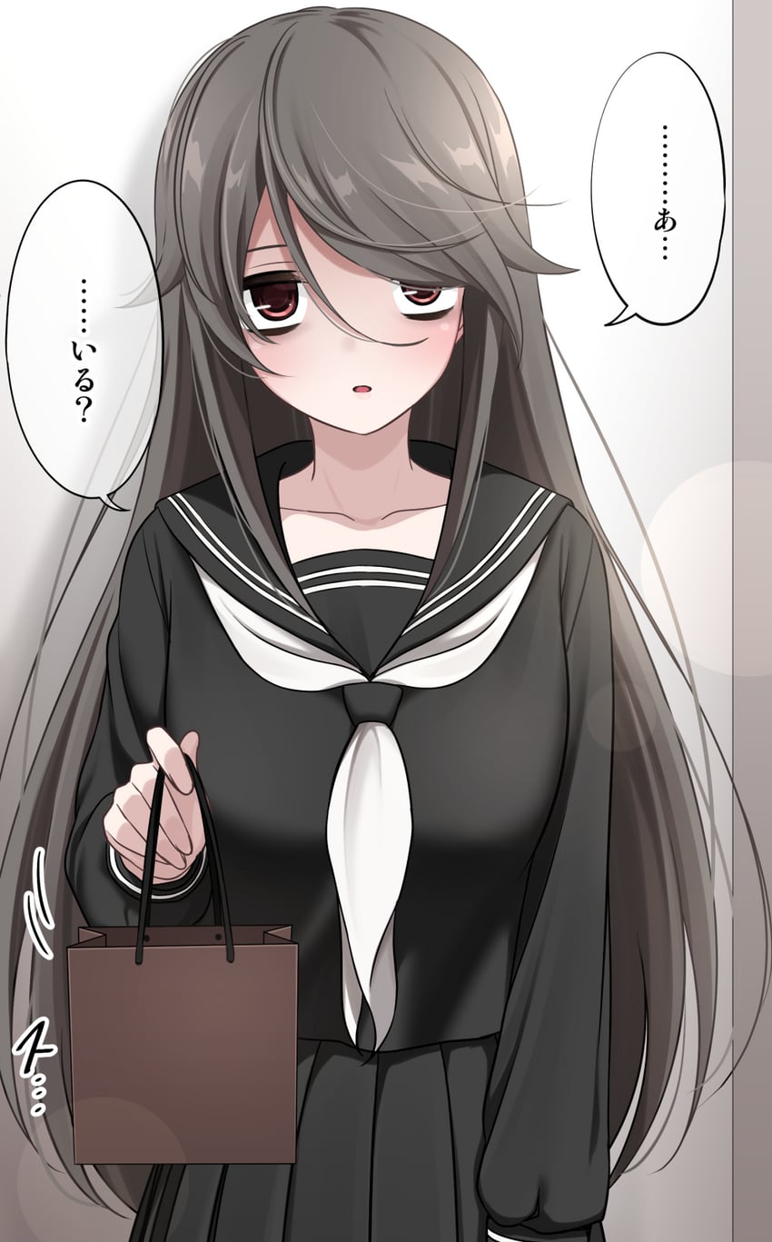 1girls bag black_uniform brown_hair female female_only gift ikari_manatsu japanese_text kurai_anoko_to_shitai_koto messy_hair sasaki_touko school_uniform schoolgirl solo tagme text text_bubble tsundere