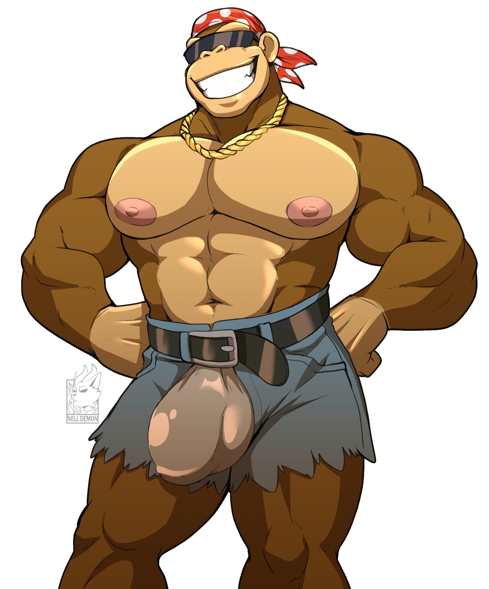 1boy 2023 abs anthro anthro_only ape bandana bandanna_on_forehead bara barely_clothed belly_button belt belt_buckle big_nipples bottomwear brown_fur bulge bulge_through_clothing clothing digital_drawing_(artwork) digital_media_(artwork) donkey_kong_(series) durag english_text feet_out_of_frame fly_open front_view funky_kong fur furry furry_only gay grin grinning grinning_at_viewer hair looking_at_viewer male male_only mammal mostly_nude muscular muscular_anthro muscular_arms muscular_legs muscular_male navel nelldemon nipples pants pants_open pink_nipples primate shorts signature simple_background smile smiling smiling_at_viewer solo standing sunglasses teeth text watermark white_background