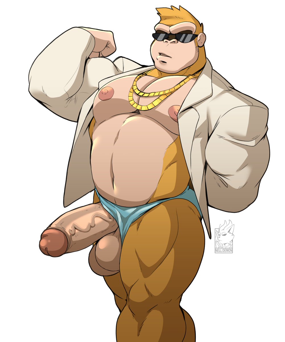 1boy 2023 anthro anthro_only ape arm_behind_back artist_logo artist_name balls ballsack bara barazoku barely_clothed beefy belly_button big_balls big_nipples big_penis blue_thong blue_underwear body_fur bouncer_kong chains digital_drawing_(artwork) digital_media_(artwork) donkey_kong_(series) erection exposed feet_out_of_frame flexing flexing_arms flexing_bicep foreskin foreskin_folds front_view furry furry_only genitals gold_chain humanoid_genitalia humanoid_penis intact jacket jewelry looking_at_viewer male_nipples male_only mammal mostly_nude musclegut muscular_anthro muscular_arms muscular_legs muscular_male navel nelldemon ochre_fur pecs penis penis_out penis_through_leghole pink_nipples primate retracted_foreskin scrotum shirt simple_background standing sunglasses testicles thick_penis thong thong_aside thong_only topwear uncut underwear underwear_aside veiny_penis white_background white_jacket