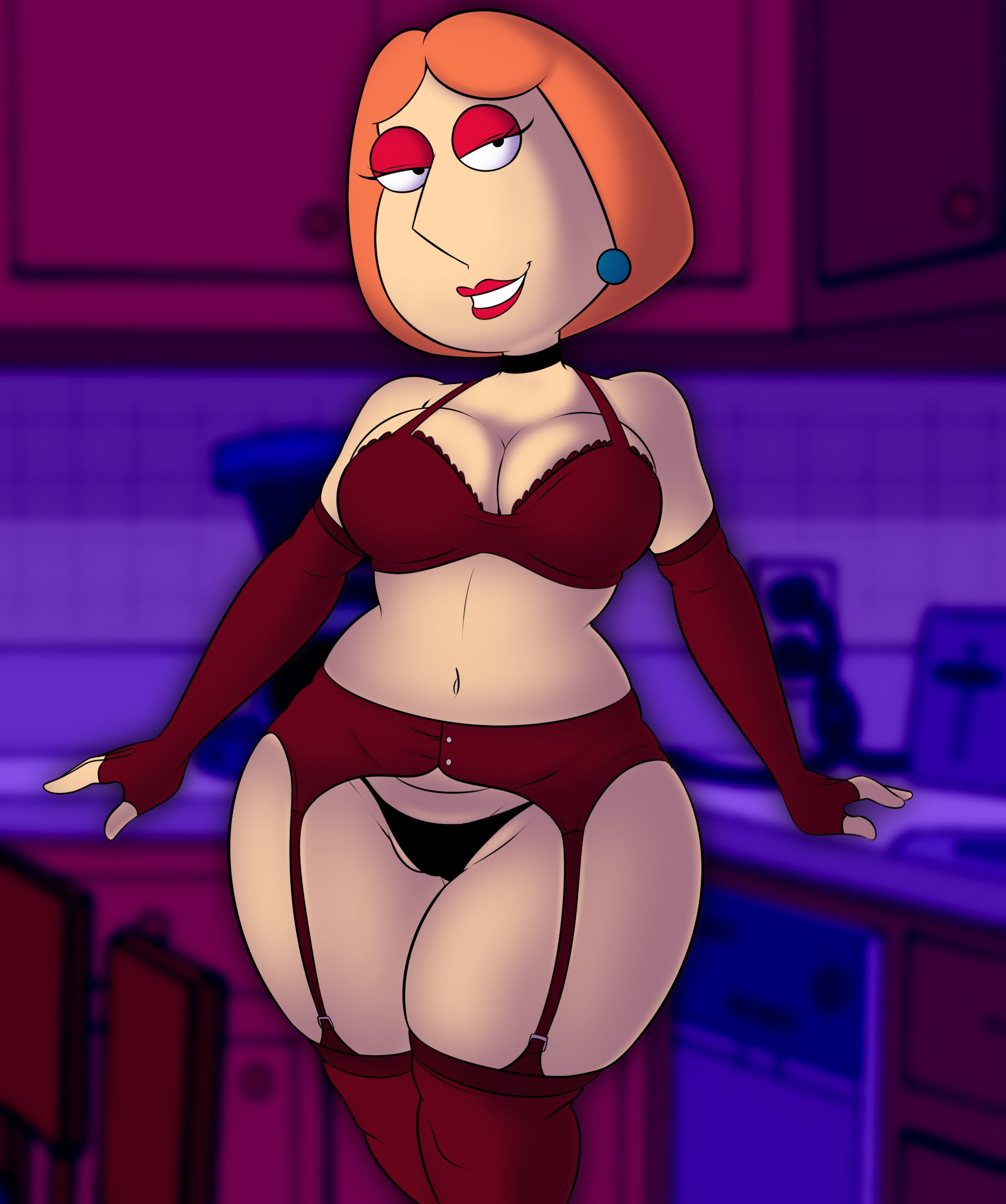 1girls, big breasts, black panties, breasts, choker, cleavage, earrings, eyeshadow, family guy, female, female only, large breasts, light skin, light-skinned female, lipstick, lois griffin, looking pleasured, milf, navel, orange hair, panties, solo, solo female, solo focus, teenagebratwurst, thick thighs, thighs, wide hips