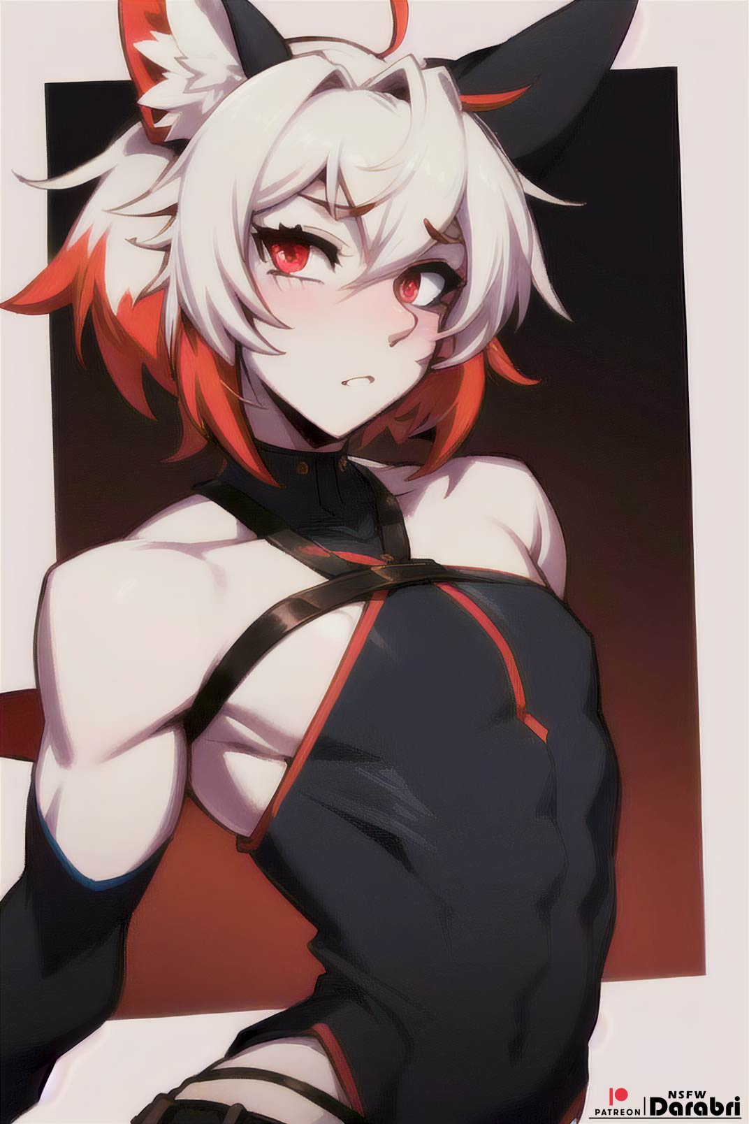 1boy, abstract background, ai generated, arched back, blush, cute, darabri, detailed, femboy, feminine male, furry ears, logo, looking at viewer, male, pale skin, patreon, patreon logo, red eyes, red highlights, short hair, solo, solo focus, tight clothing, tight fit, toned, trap, white hair, white skin