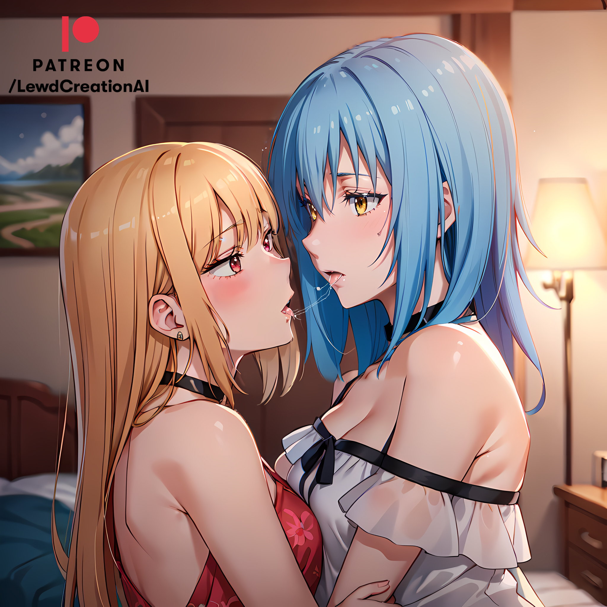 after kiss, ai generated, blue hair, blush, breasts, cleavage, dominant, dominant female, drool, drool string, drooling, drooling on partner, drooling tongue, earrings, embrace, embracing, embracing another, female, golden eyes, indoors, kitagawa marin, lesbian couple, lesbian kiss, lewdcreationsai, looking at another, looking at each other, looking at partner, looking at viewer, panties, red eyes, rimuru tempest, sloppy, sloppy kiss, smirk, smirking, smirking at viewer, sono bisque doll wa koi wo suru, spit, submissive, submissive female, tensei shitara slime datta ken, tongue, yellow eyes, yuri