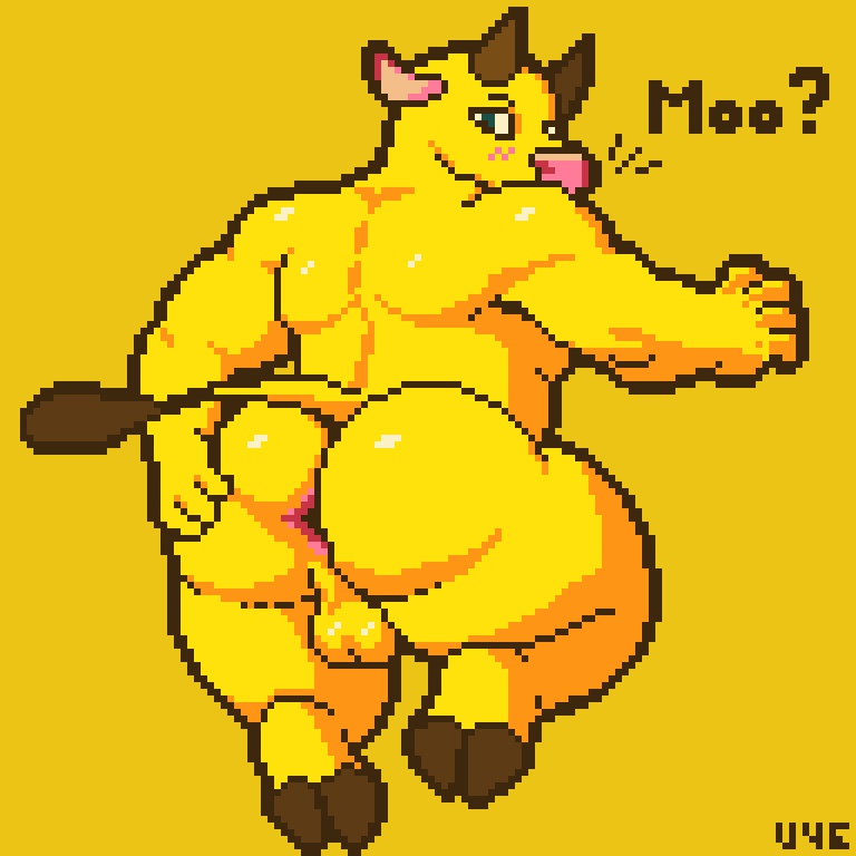 4_fingers anthro anus ass backsack balls blush bovid bovine cattle digital_media_(artwork) fingers fur golden_calf green_eyes hooves horn male mammal pixel_(artwork) presenting presenting_anus presenting_hindquarters rear_view solo spread_butt spreading tail text thick_thighs u4e yellow_body yellow_fur