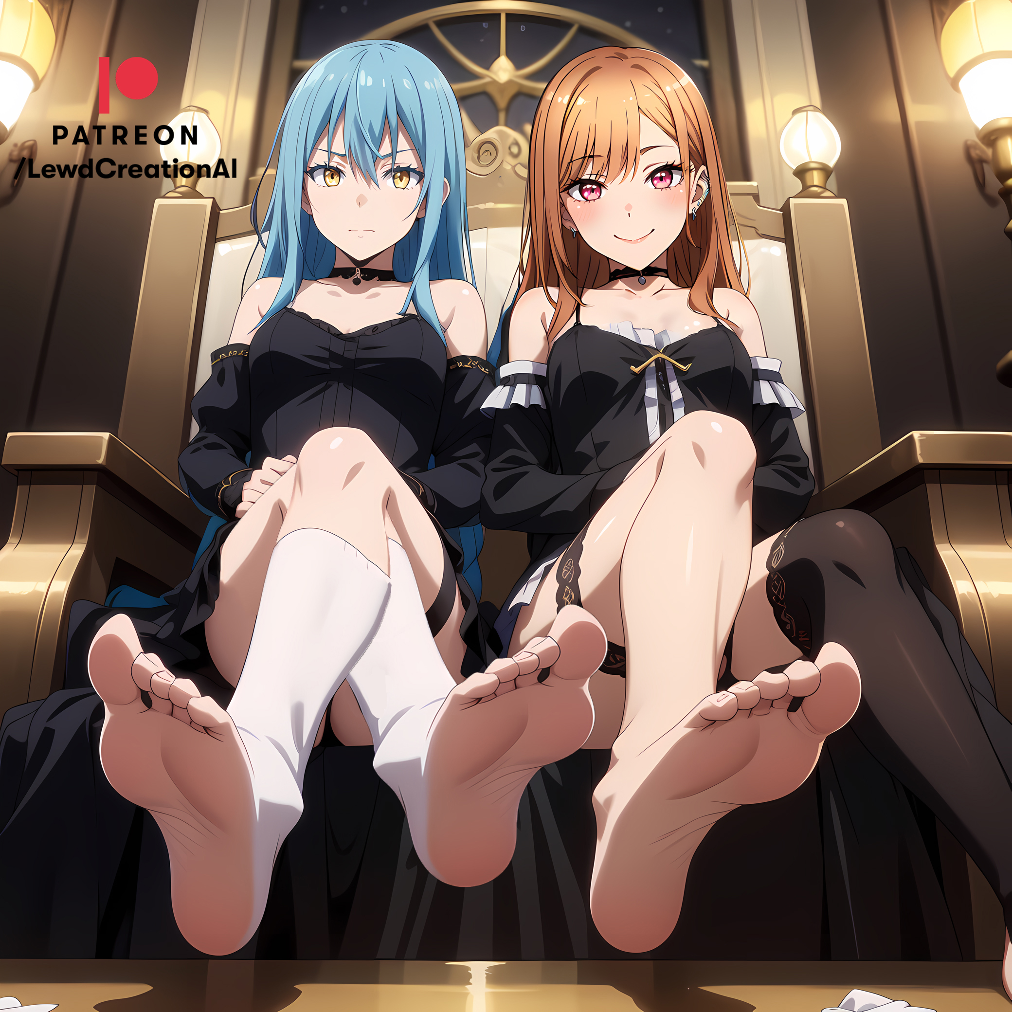 2girls, ai generated, blue hair, crossed legs, dominant, dominant female, feet, feet up, female, fetish, foot fetish, foot focus, from below, golden eyes, heels, heels fetish, kitagawa marin, lewdcreationsai, looking at viewer, looking down, panties, red eyes, rimuru tempest, smile, smirk, smirking, smirking at viewer, soles, sono bisque doll wa koi wo suru, tensei shitara slime datta ken, toes, wrinkled feet, wrinkles, yellow eyes