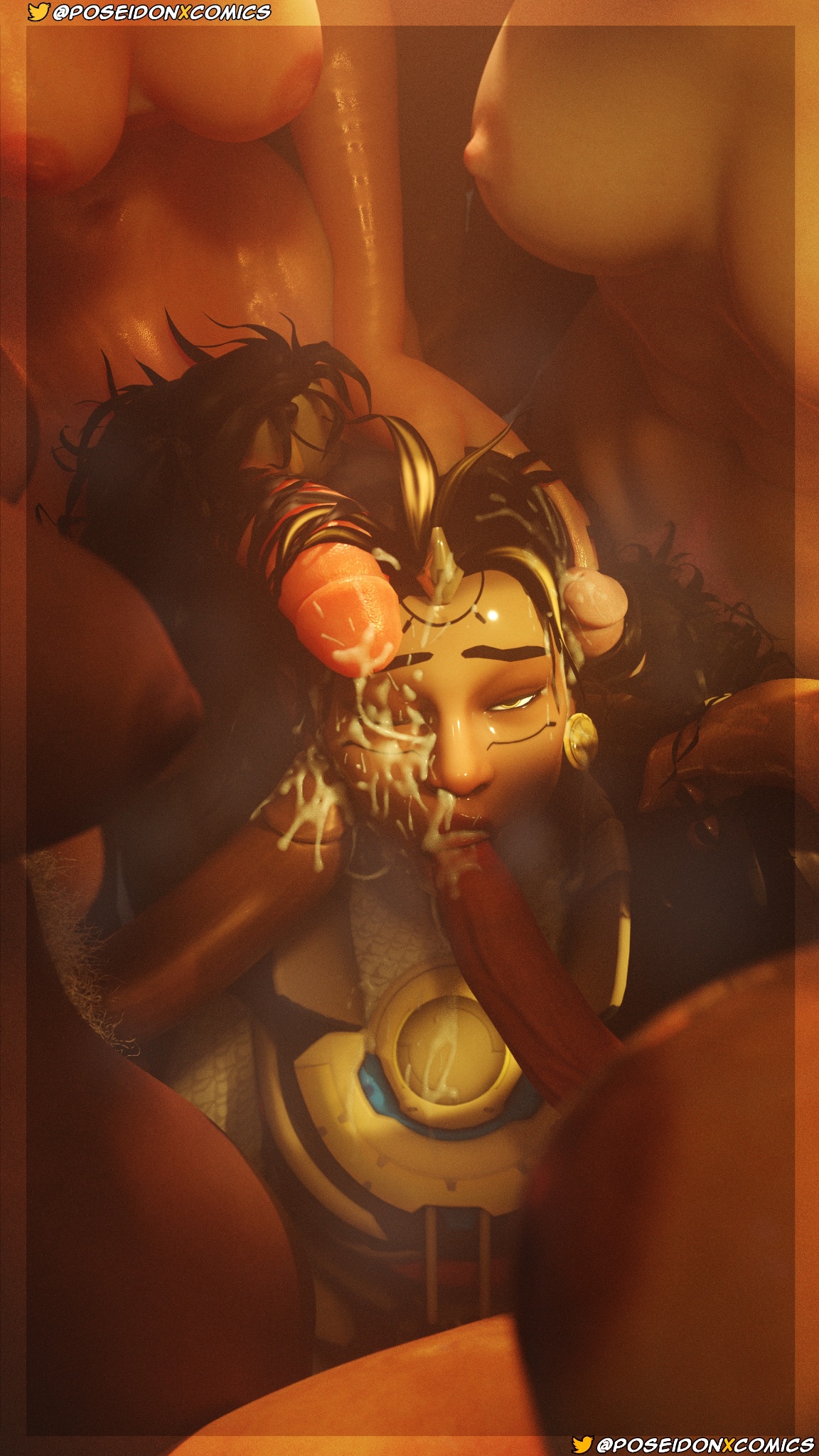 1girls, 3d, 4futas, cum, cum in hair, cum in mouth, cum on face, dark skin, dark-skinned female, female, femsub, futa on female, futanari, grabbing hair, hair fetish, hairjob, illari (overwatch), intersex, junker queen, kiriko (overwatch), latina, overwatch, overwatch 2, penis, peruvian female, pharah, poseidonx, sojourn (overwatch), surrounded by penises