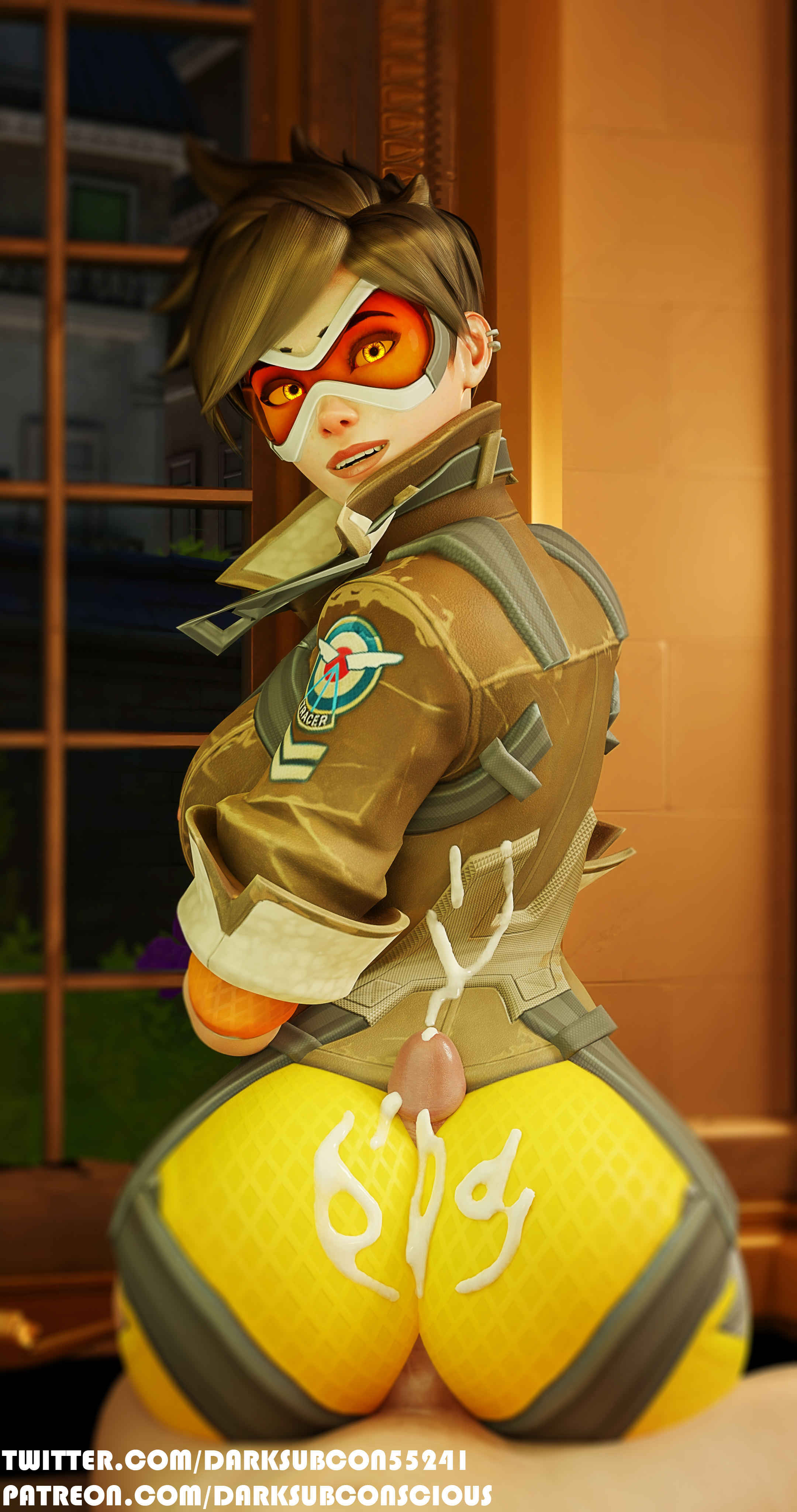1girls, 3d, ass, assjob, big ass, big penis, blender, blizzard entertainment, breasts, buttjob, covered assjob, covered buttjob, cumshot, darksub, female, fully clothed, jacket, lena oxton, male, no penetration, overwatch, penis, piercing, tracer, yellow eyes