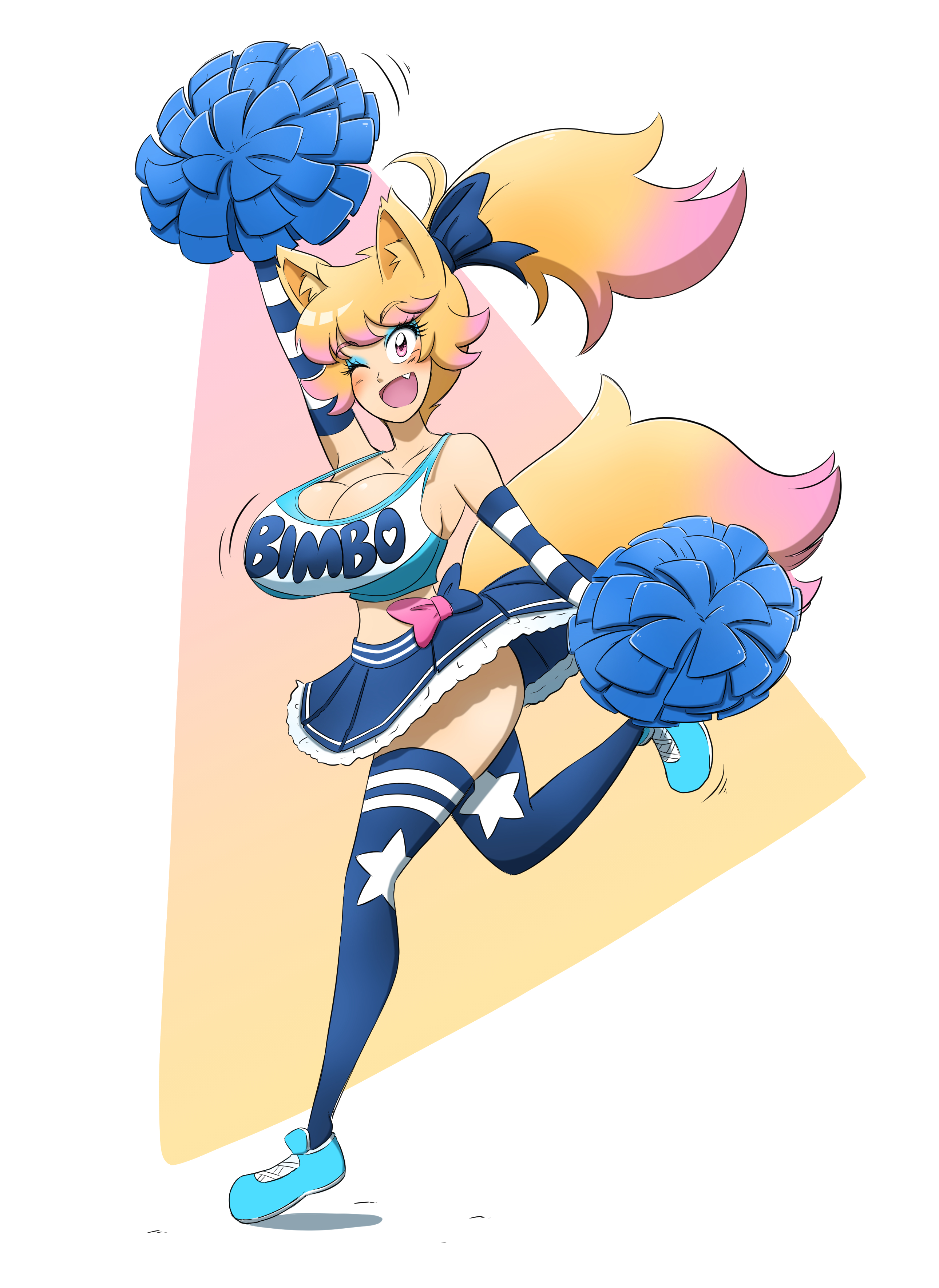 ass, big ass, big breasts, bimbo, bimbofication, blonde hair, breasts, cheerleader, cleavage, emie (kobi), female, fox girl, hi res, kobi-tfs, pink eyes, pink highlights, pom poms, ponytail, short skirt, simple background, thigh socks
