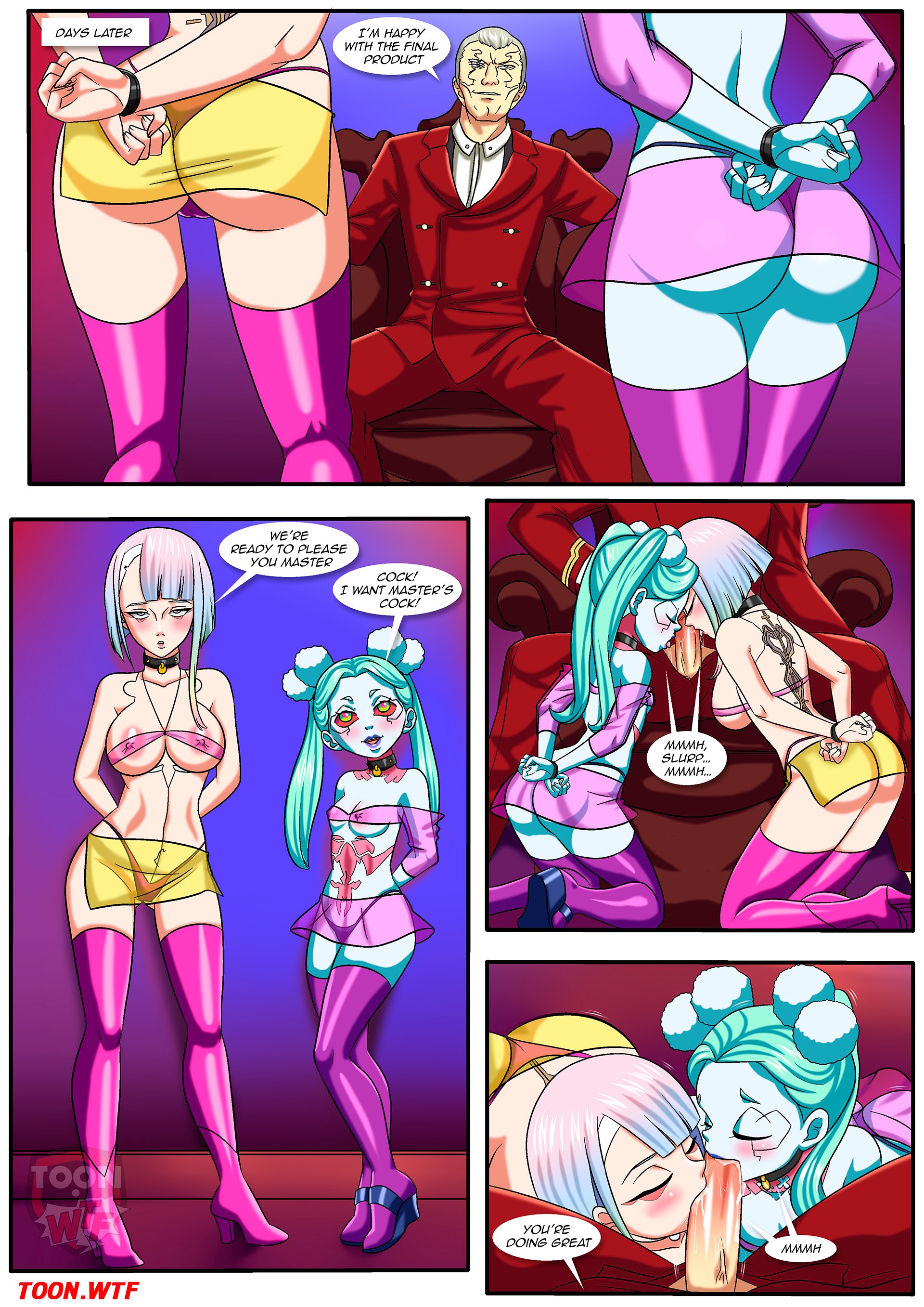 ass, bbmbbf, blush, bondage, breasts, comic, cyberpunk 2077, cyberpunk: edgerunners, cyberslaves 2077 (comic), faraday (edgerunners), female, lucyna kushinada, male, male/female, oral, oral sex, palcomix, penis, rebecca (edgerunners), sex, toon.wtf