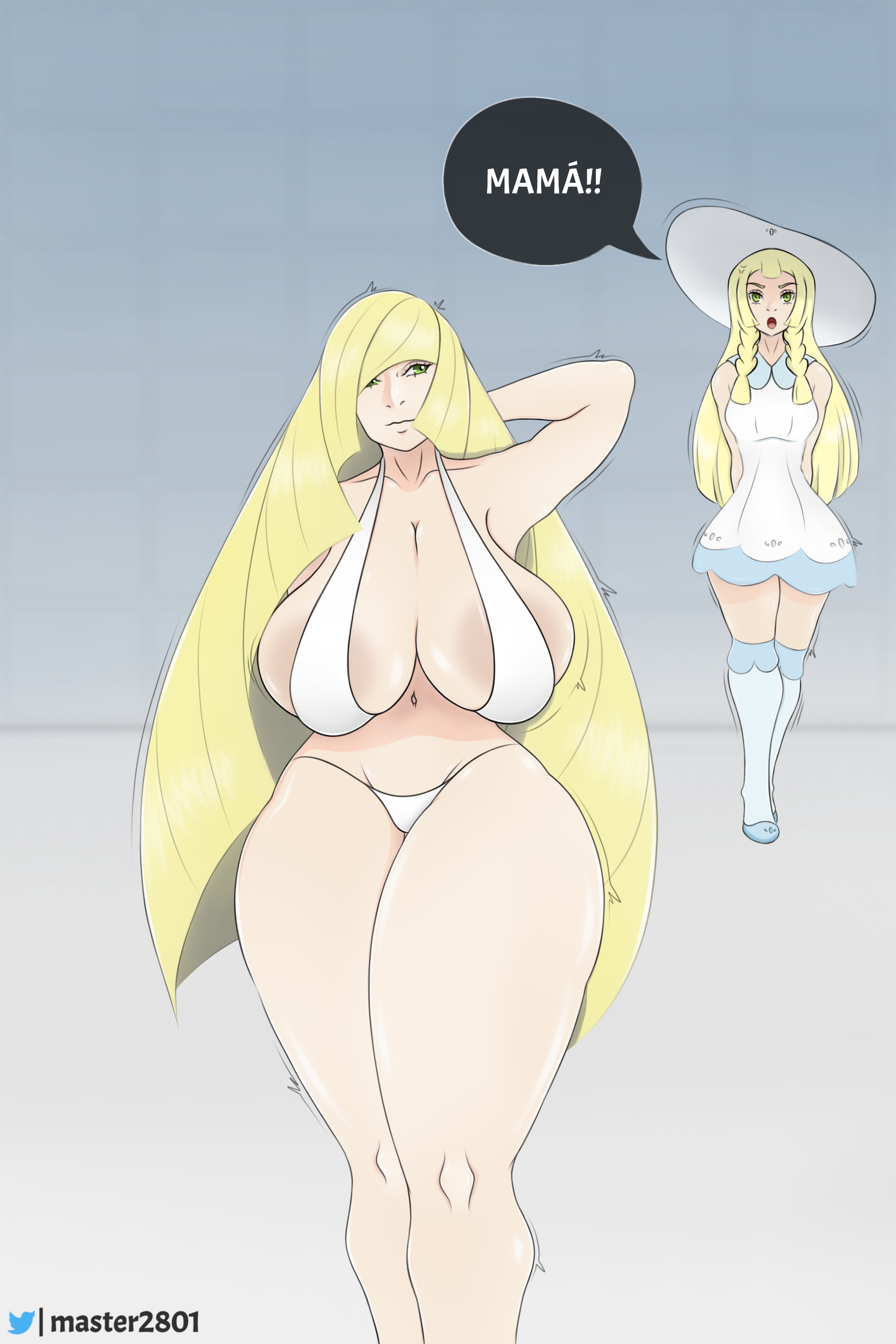 2girls, ass, big hair, bikini, blonde, blonde female, blonde hair, breasts, fat breasts, female, green eyes, hand behind head, heavy breasts, huge ass, huge breasts, huge butt, huge thighs, large hair, lillie (pokemon), long hair, lusamine (pokemon), master1000, milf, mommy, mother and daughter, multiple females, multiple girls, nintendo, pokemon, pokemon sm, pokemon usm, spanish text, wide hips