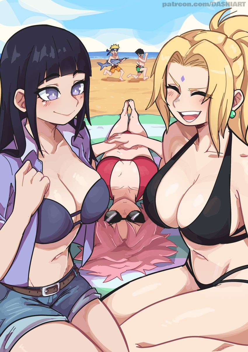 2boys 3girls animal beach big_breasts bikini black_bikini black_hair blonde_hair breasts chasing cleavage dashi_art denim denim_shorts facial_mark fish forehead_mark holding holding_animal holding_fish hyuuga_hinata hyuuga_hinata large_breasts lying medium_breasts multiple_boys multiple_girls naruto naruto_(series) naruto_shippuden on_back open_clothes open_mouth open_shirt pink_hair ponytail red_bikini rock_lee sakura_haruno short_shorts shorts smile spiked_hair sunglasses swimsuit swordfish tsunade uzumaki_naruto