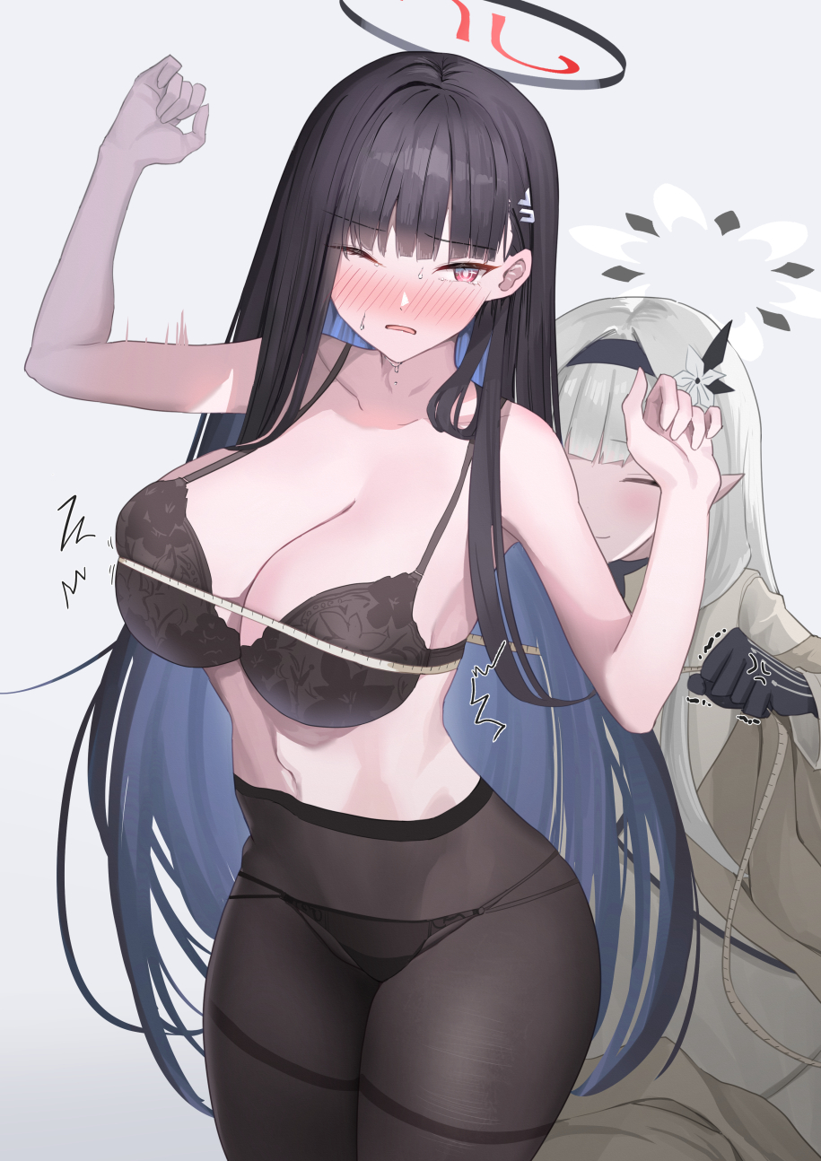 2girls bare_arms bare_shoulders black_bra black_gloves black_hair black_pantyhose blue_archive blush bra breasts cleavage closed_eyes closed_mouth collarbone commentary_request gloves grey_background grey_hair halo hands_up highres himari_(blue_archive) large_breasts light-skinned_female light_skin long_hair millennium_science_school_student multiple_girls navel open_mouth pantyhose pointy_ears red_eyes rio_(blue_archive) seminar_(blue_archive) shougun_(chuckni1) smile student_council_president super_phenomenon_task_force_(blue_archive) thighband_pantyhose thighs underwear